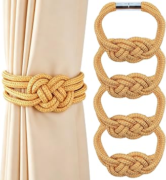 4 Pack Magnetic Curtain Tiebacks, Decorative Curtain Holdbacks | Magnetic Tie Backs for Curtains, Magnetic Curtain Ties for Thin Window Drapery, Golden