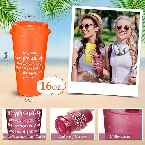 Miniatura 2 de Skylety 24 vasos de agradecimiento a granel de 16 onzas para café de plástico con tapas, coloridos vasos inspiradores reutilizables para compañeros