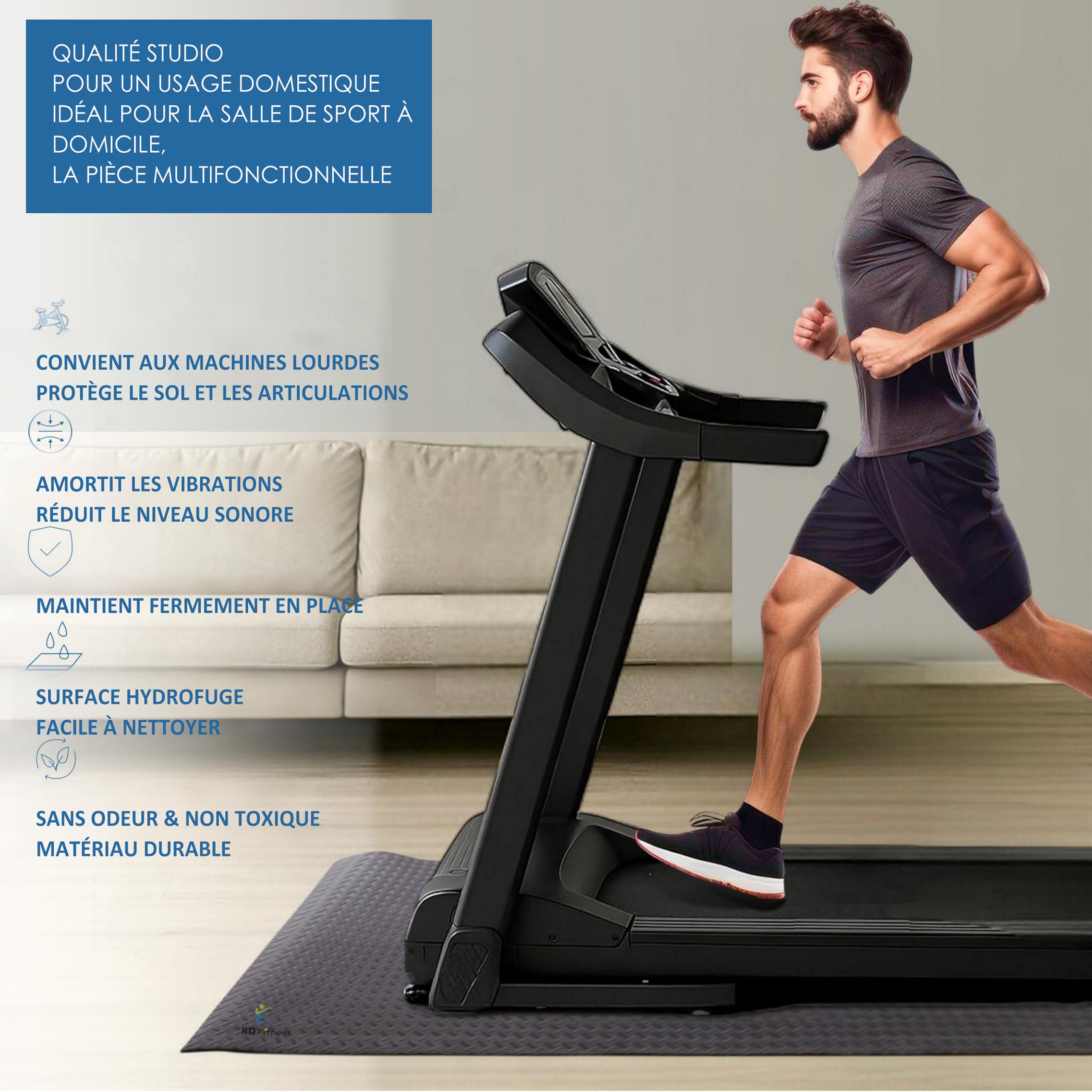 Tapis de Protection Sol Fitness EVA 200x100x0,7cm – Antidérapant et Antivibration pour Tapis de Course, Vélo d’Appartement, Rameur et Appareils de Gym – Noir/Gris/Bleu – Set 1/2/4