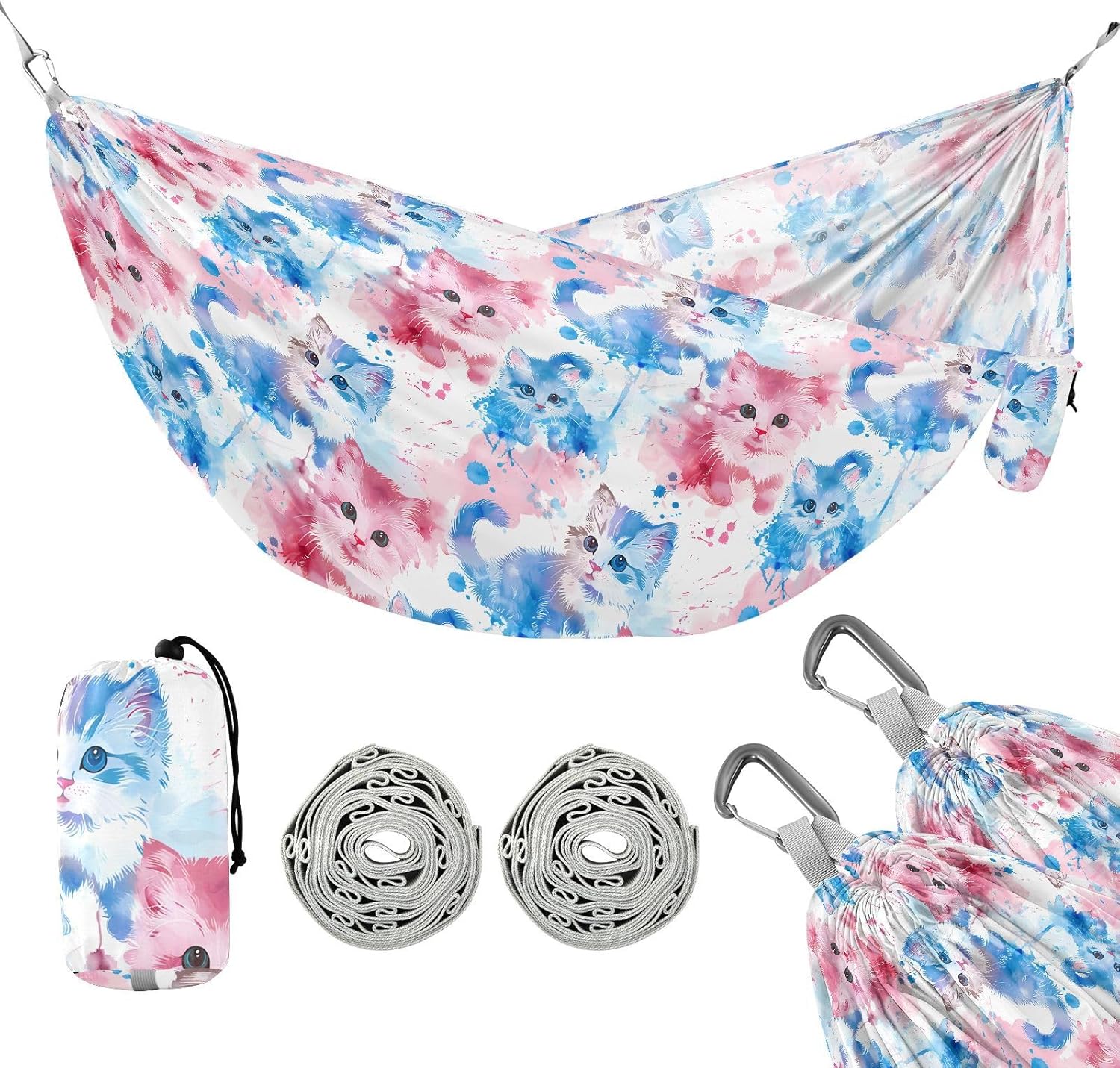 ALAZA Watercolor Cute Cat Kitten Camping Hammocks Single or 2 Person 500 lbs Portable Parachute Travel Hammock w/Tree Straps for Hiking Backpacking Indoor Outdoor