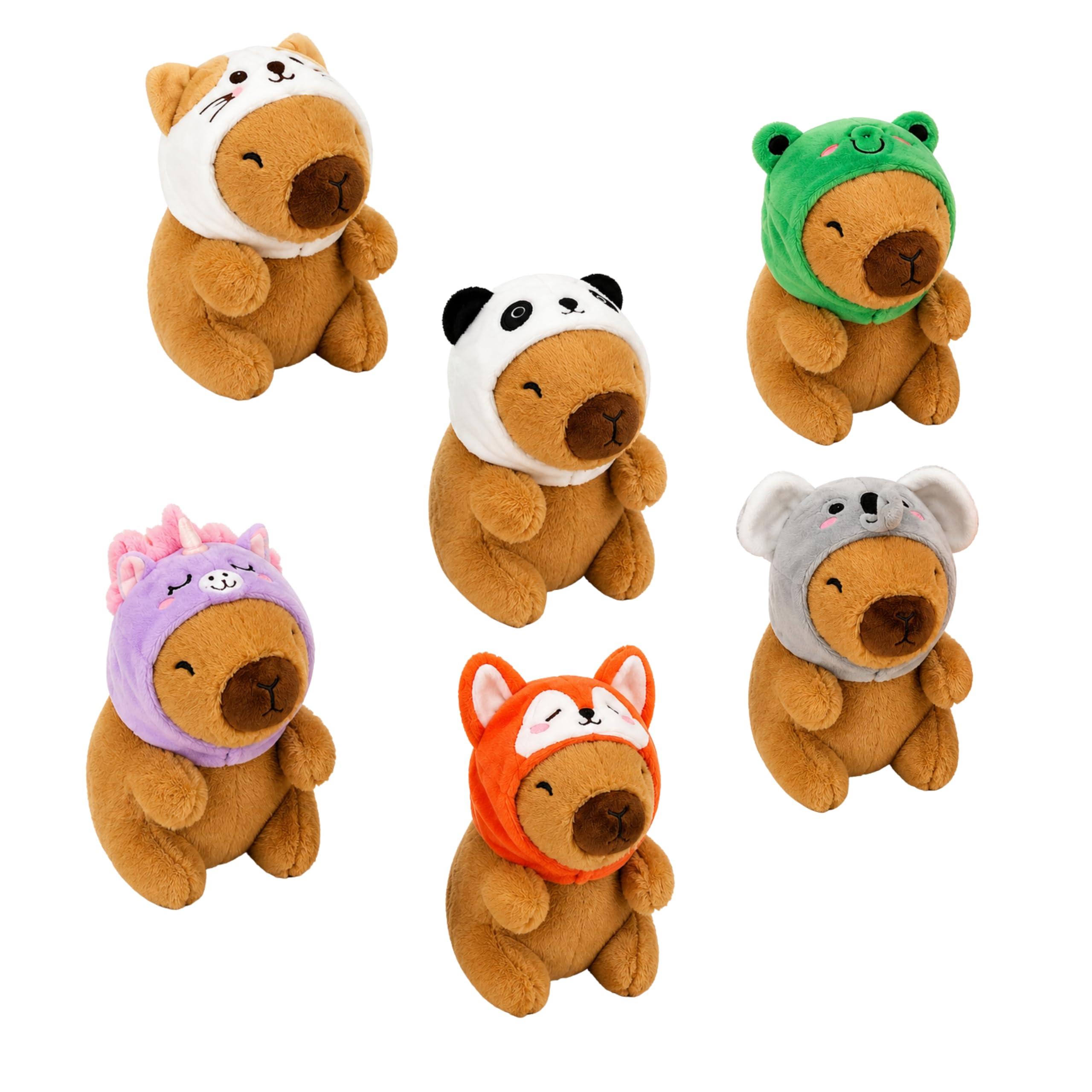 SRV Hub 3x Random Capybara Plush Toys with Animal Hats 14cm, Cute Capybara Soft Toys, Stuffed Animals, Capybara Gifts, 6 Assorted Designs – Koala, Unicorn, Cat, Panda, Fox, Frog, Age 3+