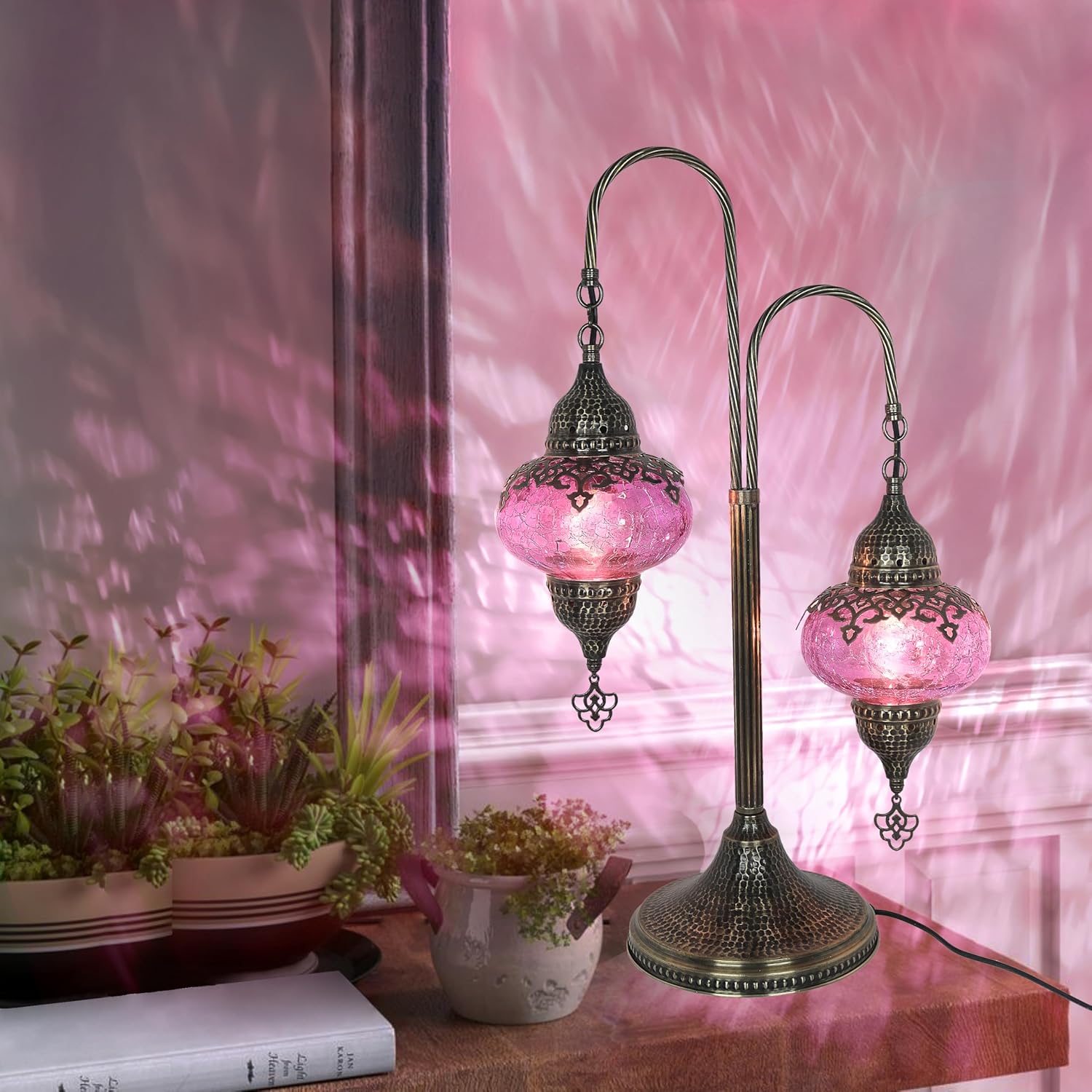 Turkish Bedside Lamp Clear Glass Cracked 2-Globe - Moroccan & Mosaic Style - Handcrafted Turkish Floor Lamp - Stained Glass & Victorian Inspired Design - Tiffany Lamp Addition (Purple)