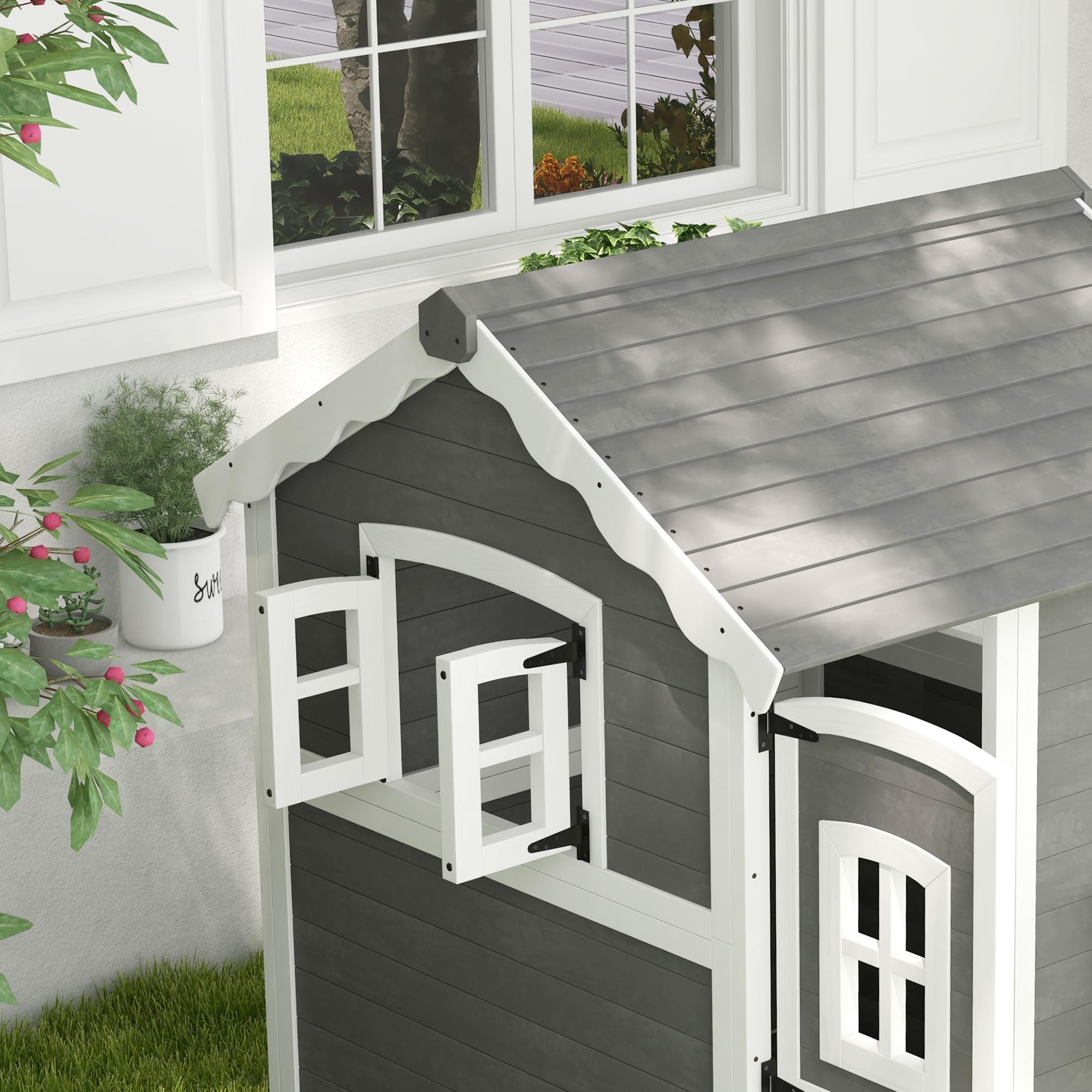 Outsunny Kinderspielhaus aus Holz mit Tür, Fenster, Gartenhaus Pflanzkasten für Kinder 3-8 Jahre