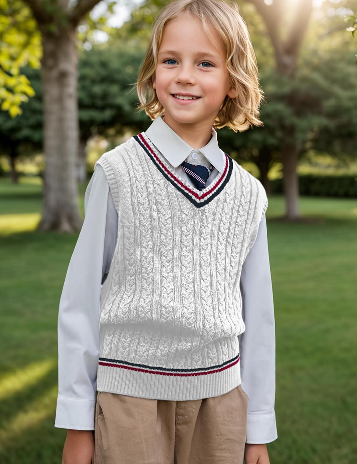 BOBOYOYO Boys Sweater Vest Unisex Cable Knit 100% Cotton Toddler Uniform Vest for Little Big Childrens Kids Teenage Girls - Image 3