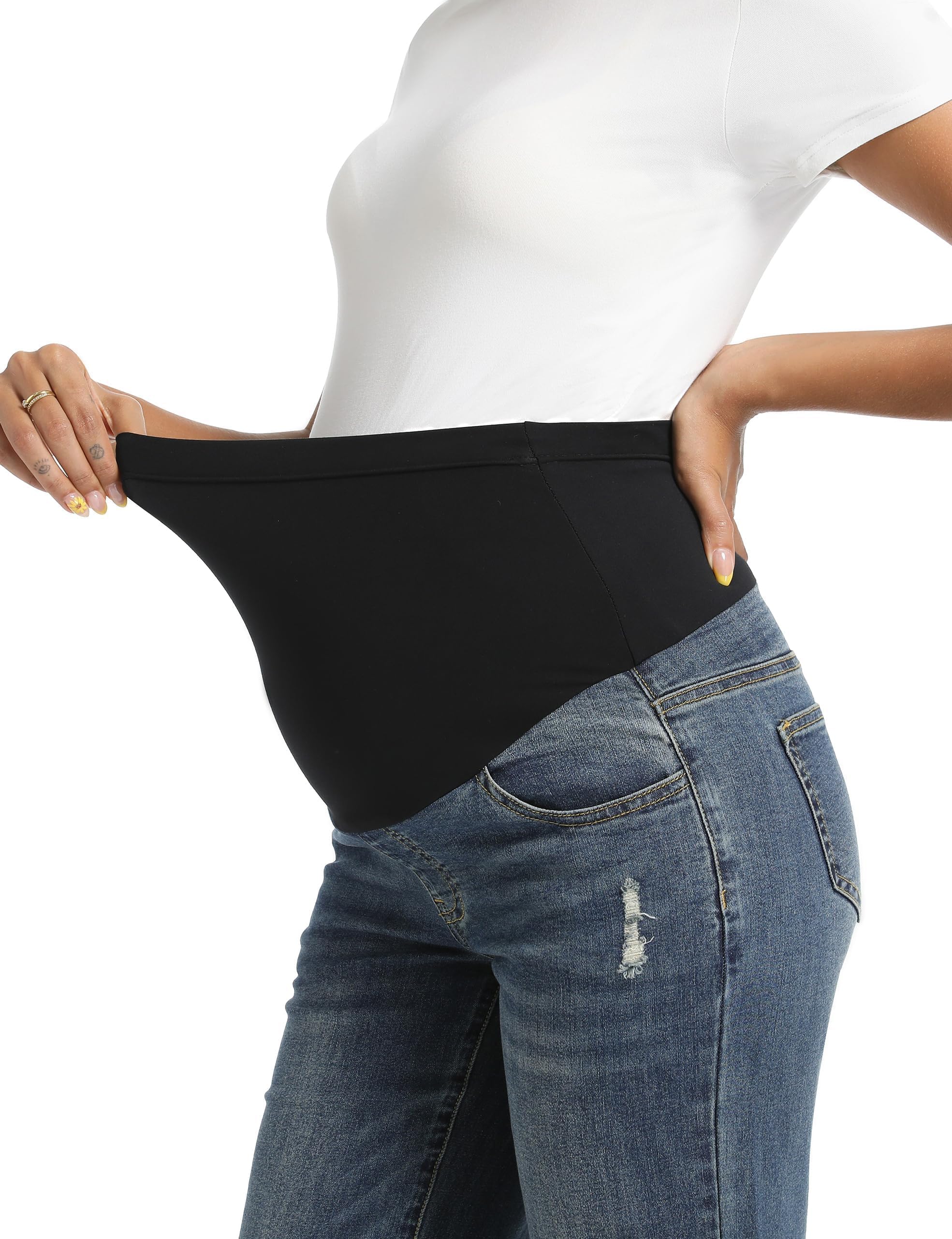 Vaqueros de maternidad para mujer sobre el abdomen, pierna recta, dobladillo crudo, pantalones vaqueros de maternidad vaquero con bolsillos - 3