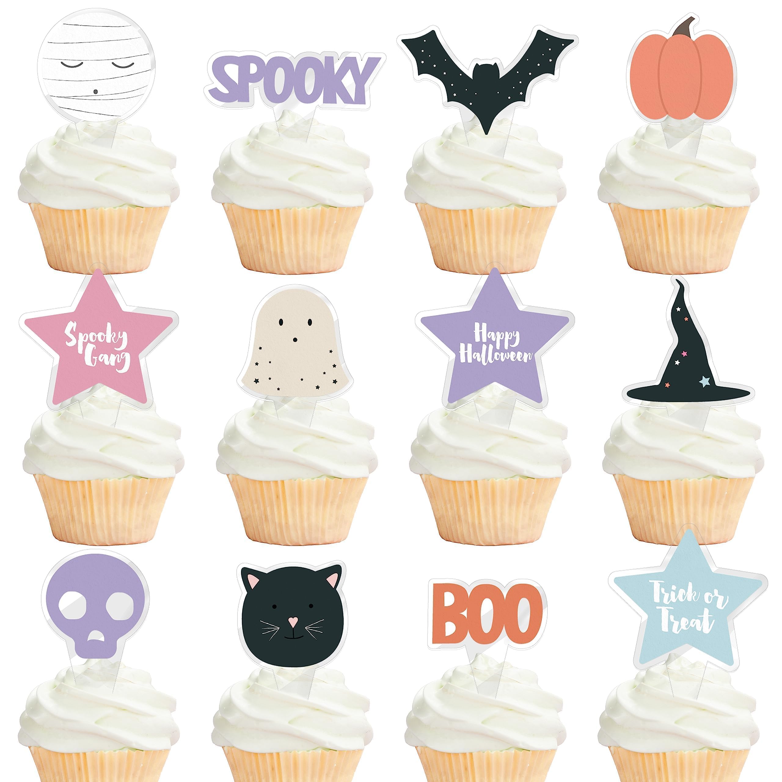 Cheerland Halloween Cupcake Toppers Pastel Halloween Party Supplies Decoration Cute Pumpkin Ghost Bat Cat and Witch Hat Cake Toppers for Costume Theme