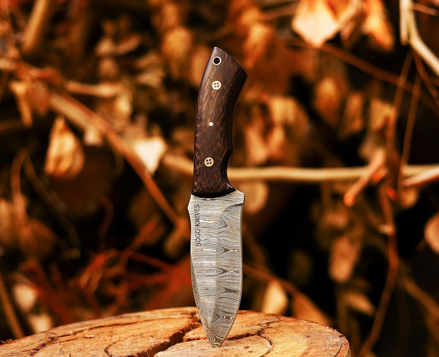 Fixed Blade Damascus Steel Hunting Knife with Leather Sheath, 9'' Full Tang Hunting Skinning,Non-Slip Wooden Handle,Camping Knife (VENGI)