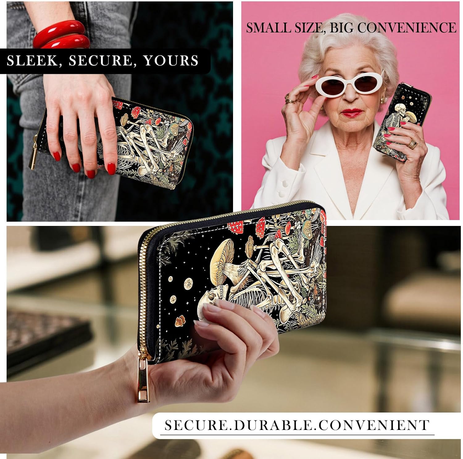 RFID-Blocking Zip Around Wallets for Women with Detachable Wrist Strap,Large Capacity Phone Holder with Card Organizer & Coin Pocket,Skull Men Mushroom Star image 4