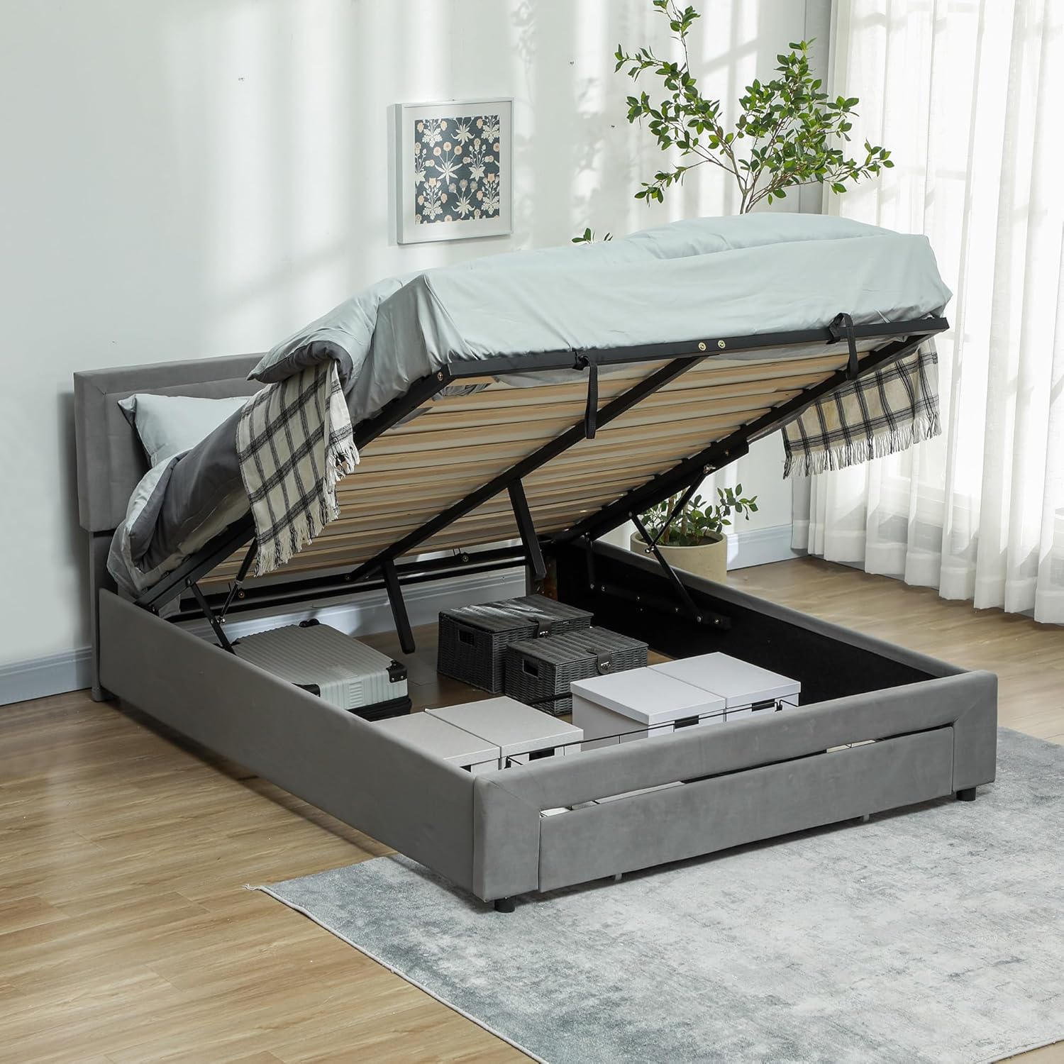 Ottoman bed with hydraulic lift storage open