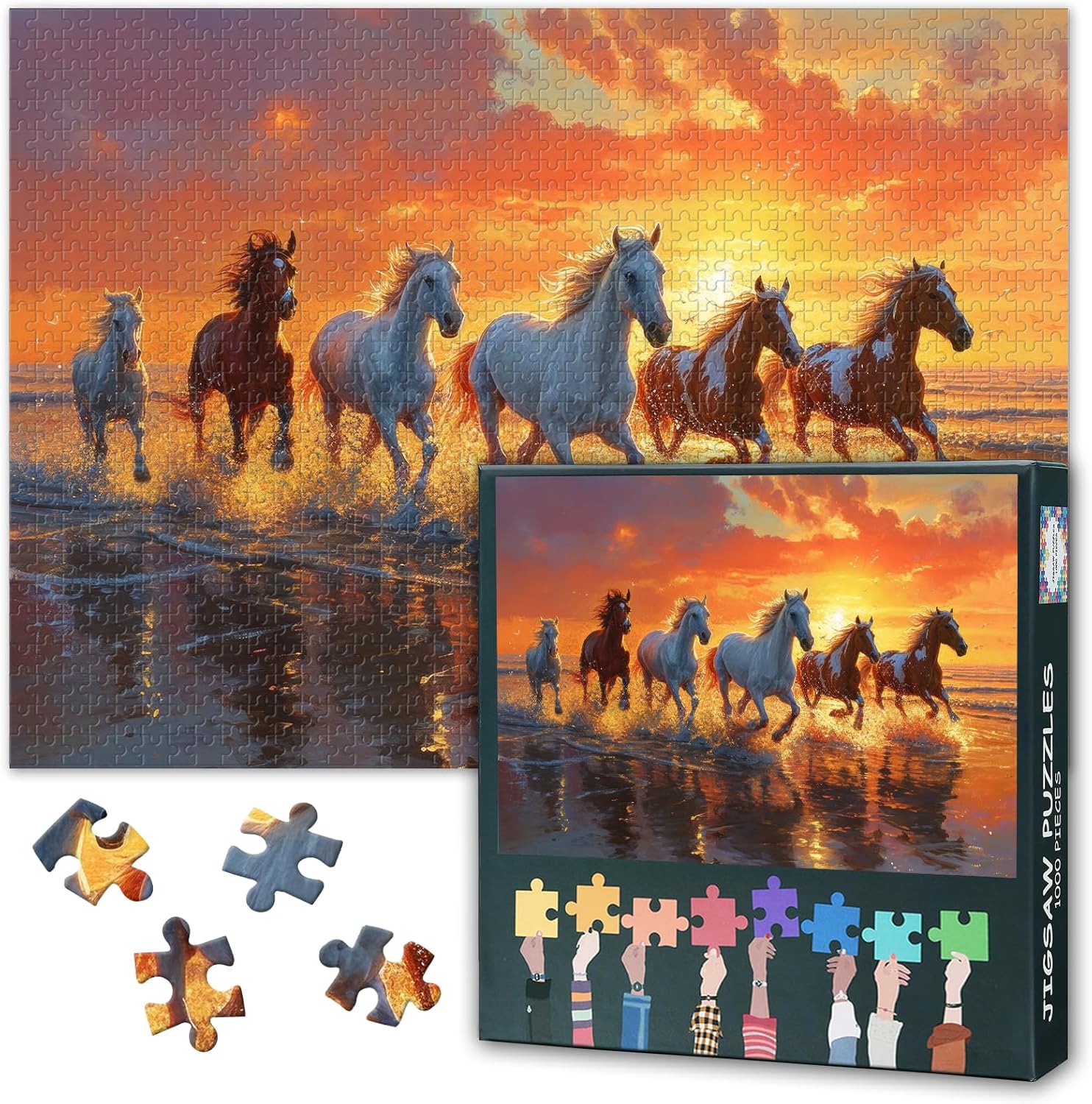 Horses Puzzles for Adults 1000 Pieces, Challenging Jigsaw Puzzles for Adults 1000 Pieces, Sunset Beach Adult Puzzles with Letters on Back, Artwork Puzzle for Home Decor Gift (27.5"x19.7")