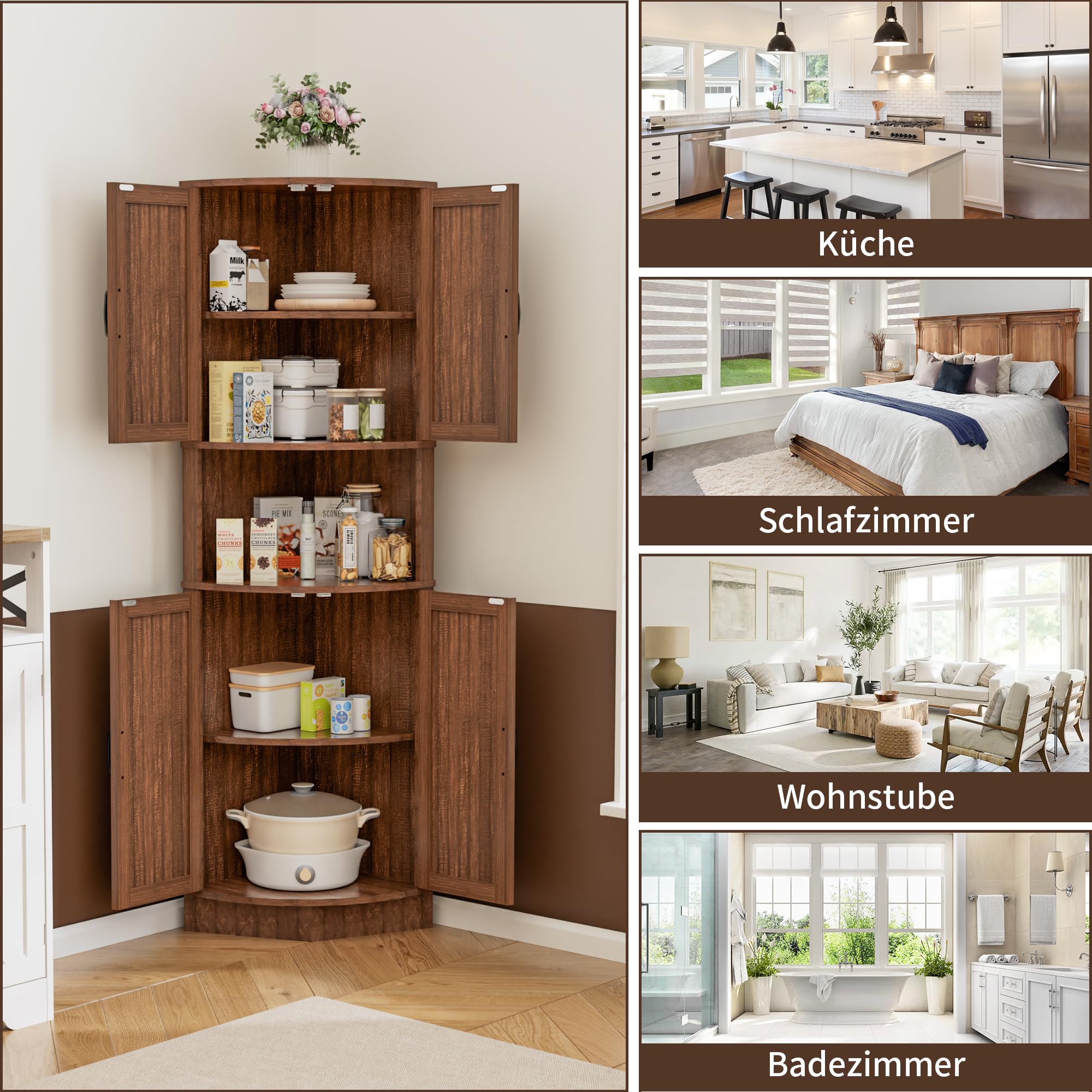 BonVache Küchenschrank Hoch, Eckschrank, Badezimmerschrank Schmal, Eckregal mit 4 Türen und 5 Ablageflächen, 165cm Aufbewahrungsschrank Holz, Hochschrank für Küche, Wohnzimmer, Esszimmer, Braun