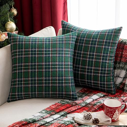 EMEMA Juego de 2 fundas de almohada decorativas de cuadros escoceses de Navidad de 16 x 16 pulgadas, fundas de cojín cuadradas decorativas de estilo