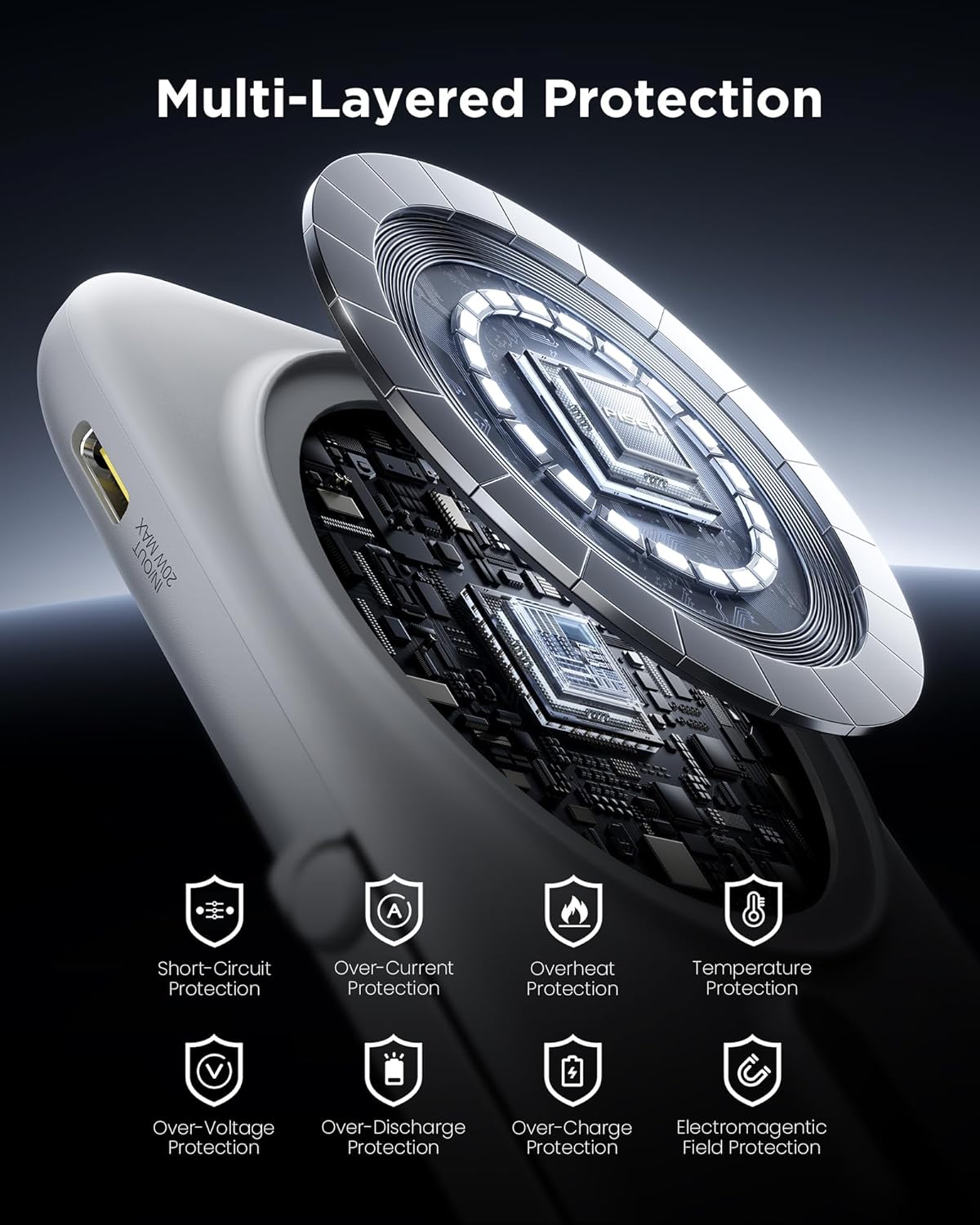 PISEN power bank magnetically attached to the back of an iPhone, showing the strong N52 magnetic connection.