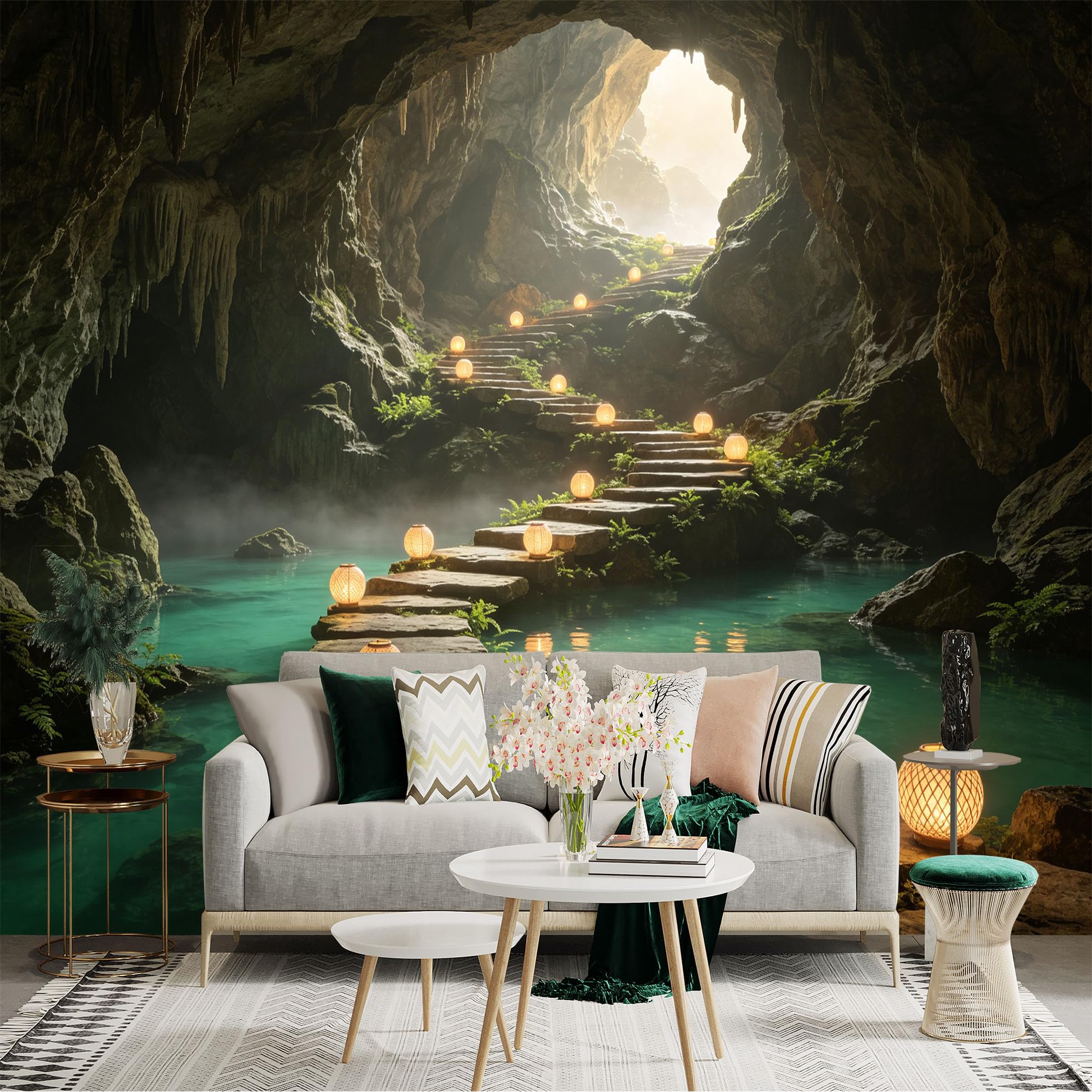 Custom Size Wall Sticker Mural， Enchanted Stone Pathway in Limestone Cave， Glowing Lanterns Over Turquoise Water， for wall Decoration， peelandstick wall Decals.