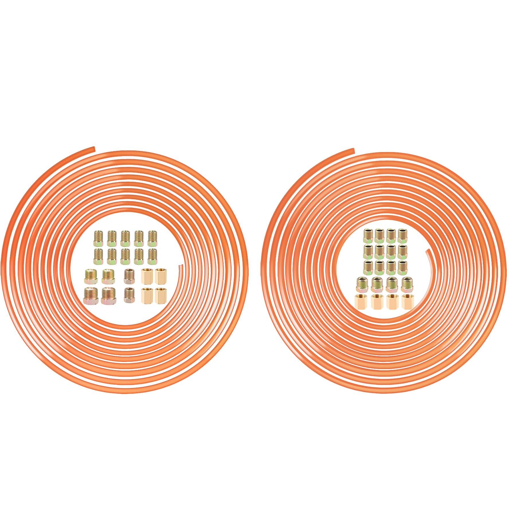 Brake Line Kit, 3/16" + 1/4" Brake Line - Easy to Bend Tubing - 2x 25 ft Copper Coated Brake Line + 32x Brake Line Fittings and 8x Threads Unions