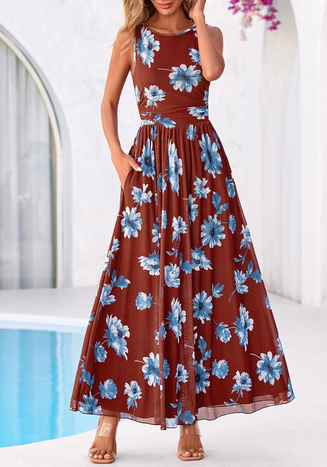 BTFBM Summer Dresses for Women 2026 Floral Maxi Dress Sleeveless Mesh Flowy Long Sundress Beach Vacation Clothes Pockets - Image 4
