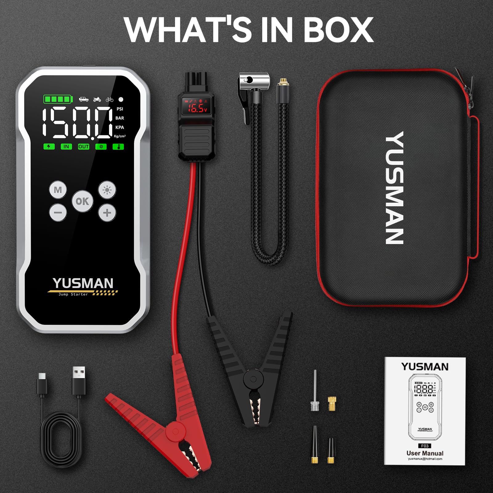 Jump Starter with Air Compressor, 8000A 160PSI Jump Starter Pack (10.0 Gas/7.0L Diesel), 12V Car Jump Starter, Battery Jump Starter with Display, Smart Jumper Cables, 2 LED Light