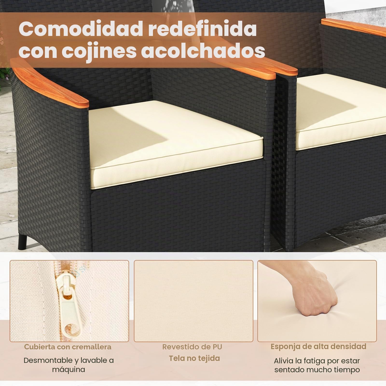 GIANTEX Conjunto de Muebles de Ratán para Jardín, Muebles de Comedor de Ratán, Juego de Muebles, Sillas y Mesa de Acacia para Jardín, Terraza, Patio (Cojín Beige, Mesa+8 Sillas)
