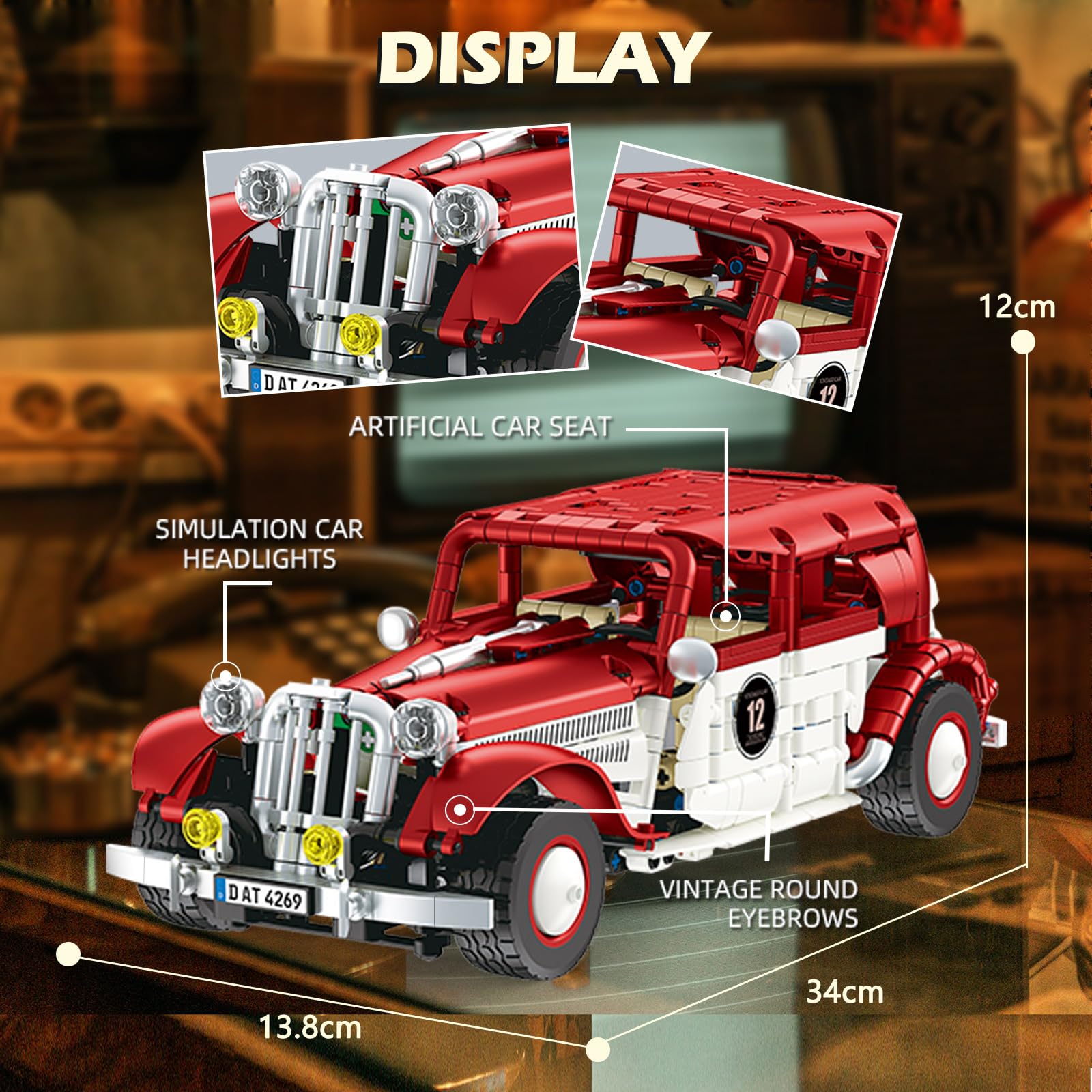 HIGH GODO Technik Auto Klemmbausteine, Oldtimer Modell Mit Fernbedienung 916 Teile Ferngesteuert Vintage Auto, Bausteine Set Geschenke für Erwachsene Sammler 14+