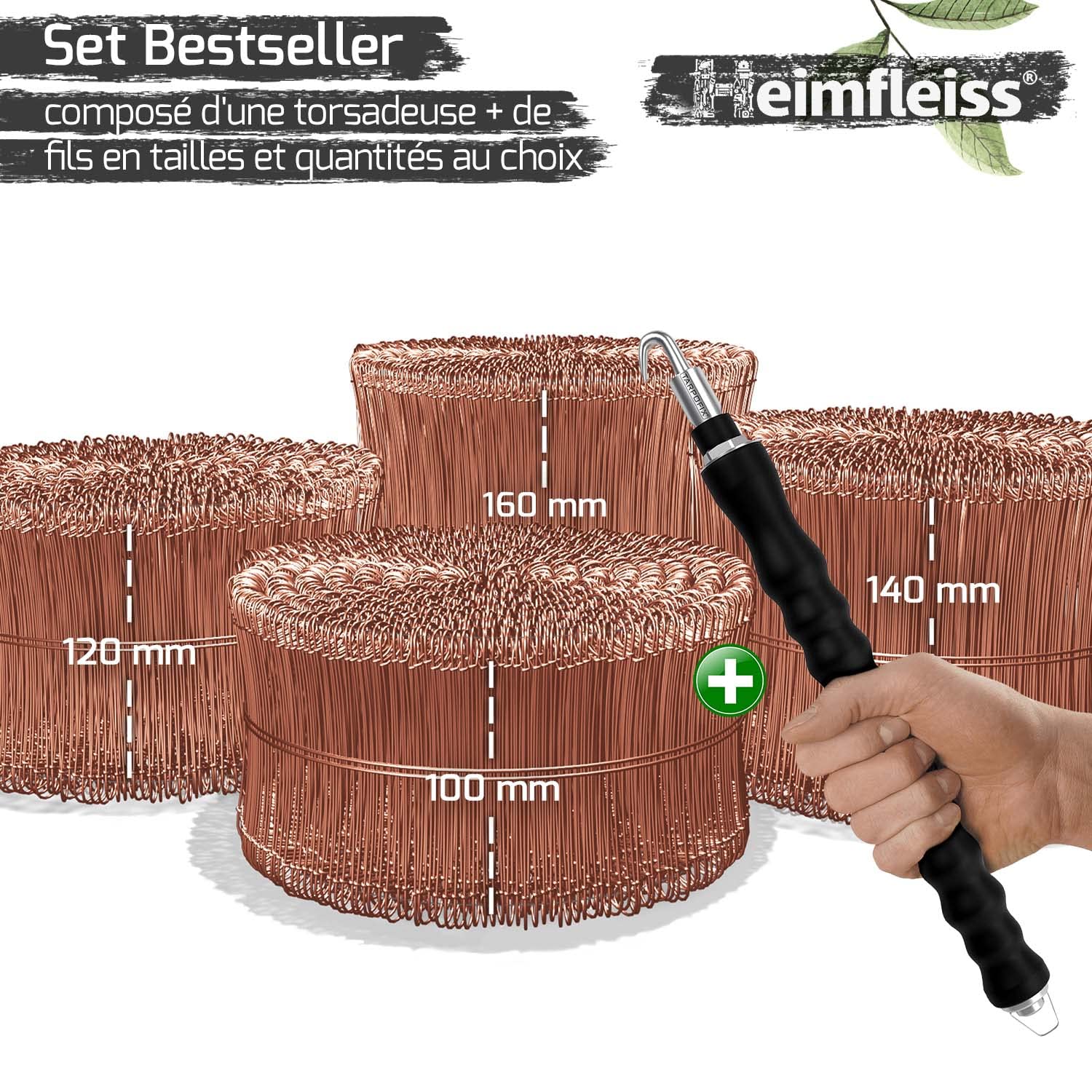 Heimfleiss® Torsadeuse + fil de fer recuit 1,0 x 100-160 mm (250 pcs.) - Set de qualité torsadeuse fil de fer & fil de ligature - Fermeture de fil de fer Fil de fer à œillet