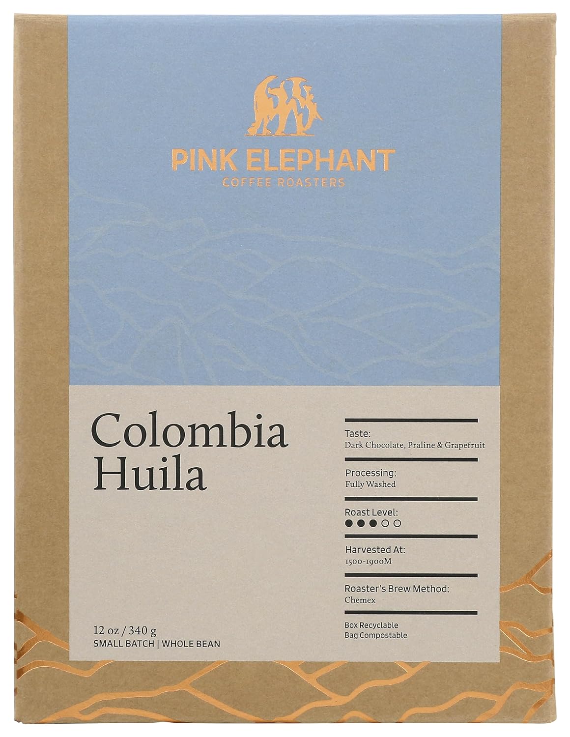 Pink Elephant Coffee Roasters Columbia Huila Medium Roast, 12 OZ Bag – Flavor Notes of Dark Chocolate, Praline & Grapefruit – Sourced from Huila, Certified Fair Trade & Organic – Roasted Whole Beans