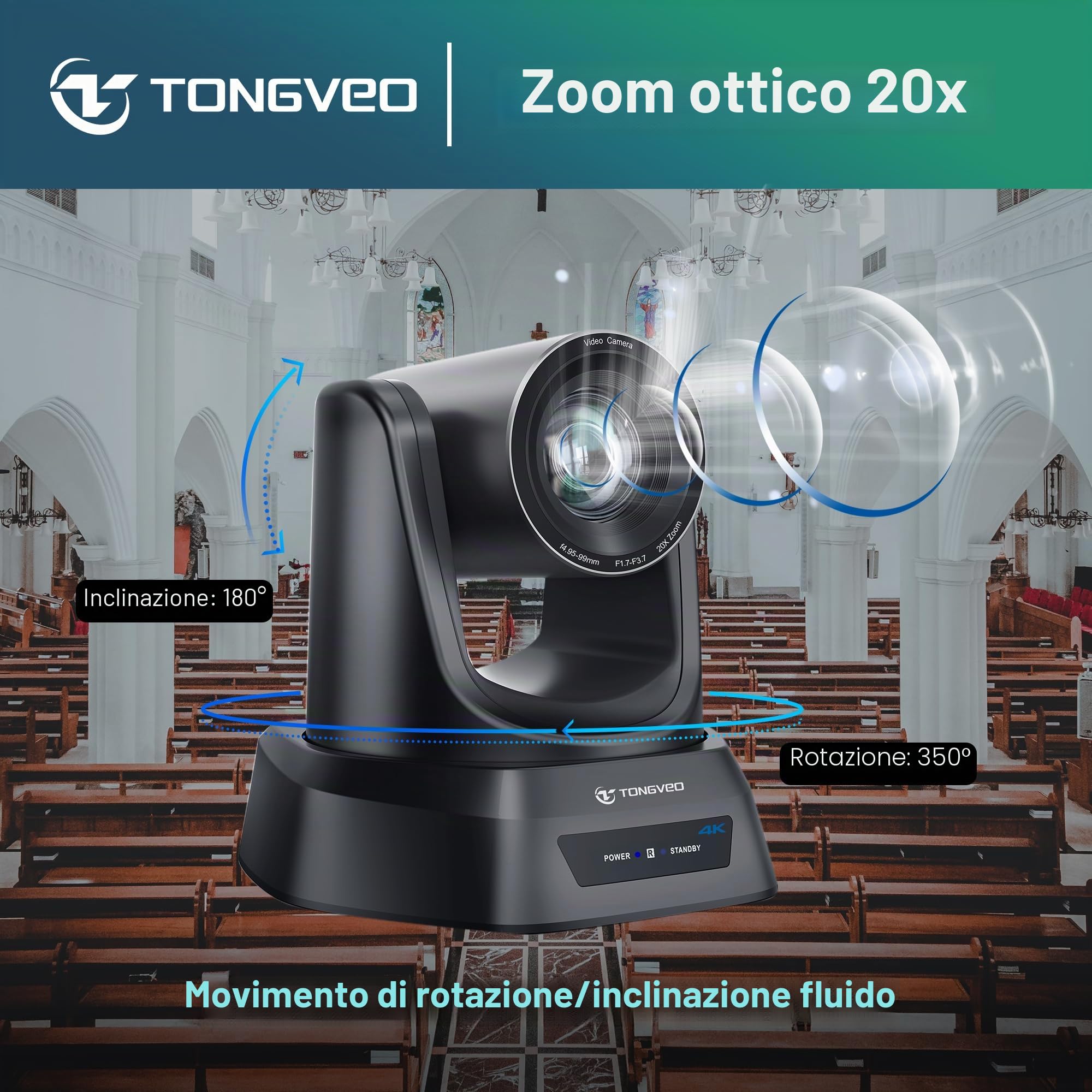 TONGVEO Telecamera PTZ 4K AI con auto-tracking e zoom ottico 20x, videocamera per conferenze con HDMI/USB3.0/LAN/PoE, ideale per servizi di benessere, riunioni zoom, live streaming ed istruzione