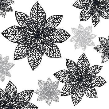 Wironlst 24 Pieces Glitter Poinsettia Flowers Christmas Tree Ornaments, Glitzy Poinsettia Bushes Christmas Decorations for Xmas/Holiday/Seasonal/Wedding Black