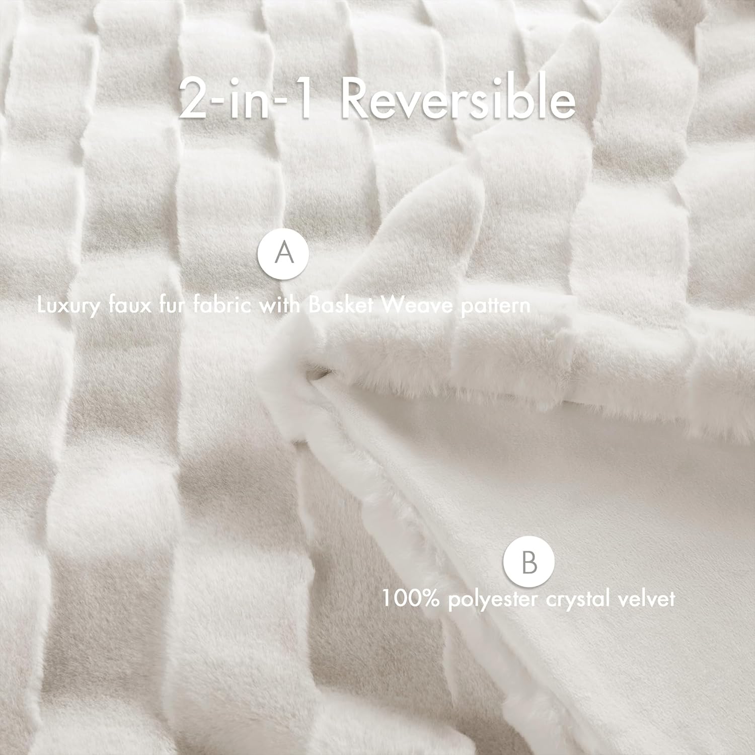 Madison Park Luxuriously Cozy Soft Long Faux Fur Throw Basketweave Blanket Reversible Soft & Snuggly Velvet Throw, Lightweight, Breathable Trendy Room Décor Summer Blanket, 50x60, Ivory - Image 4