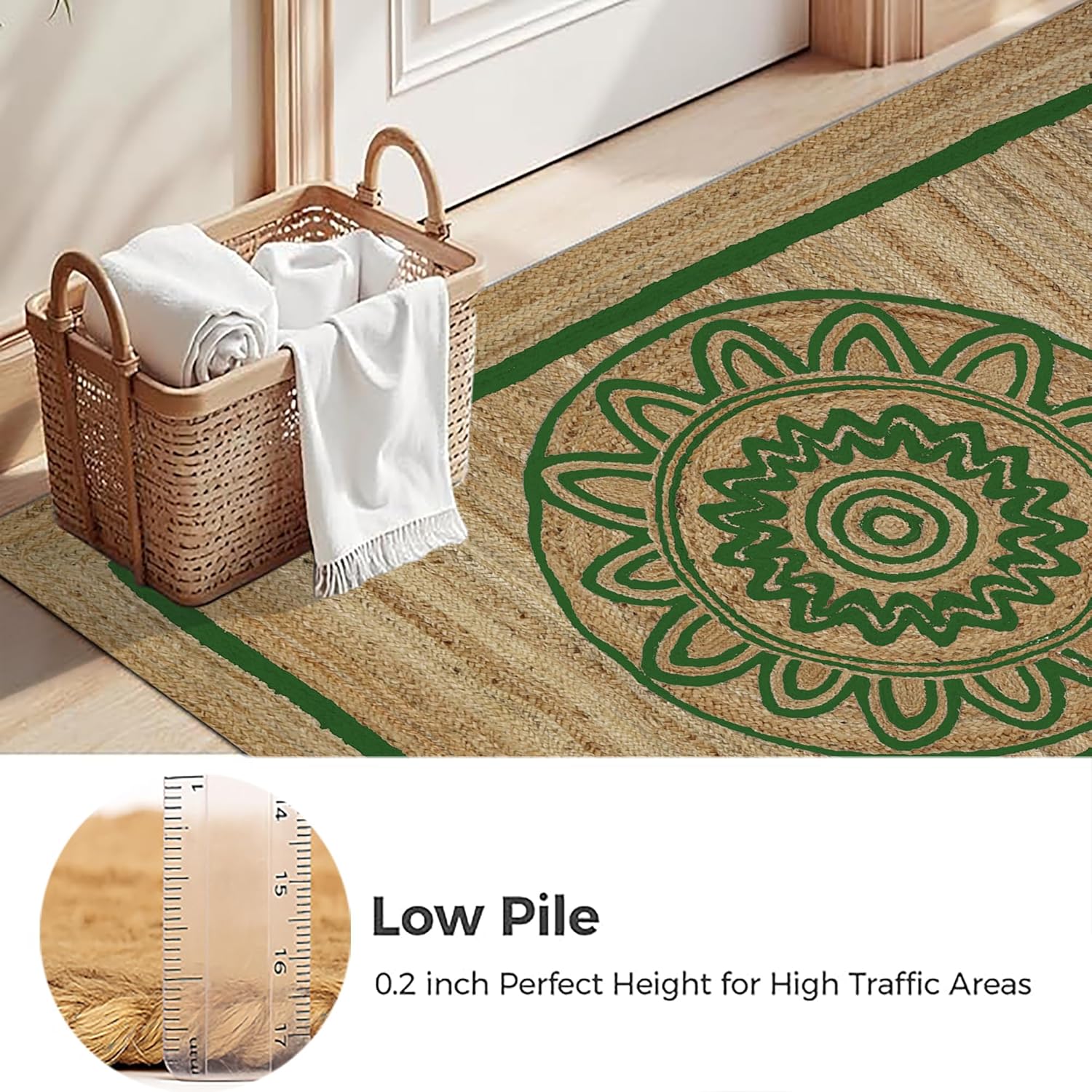 Floral Jute Kilim Area Rug 10x18 Feet Hand Braided Natural Fiber Rug Thick 0.27" Mandala Style Green Beige Area Rugs for Living Room, Indoor-Outdoor, Dining Area Design Carpet Home Decor