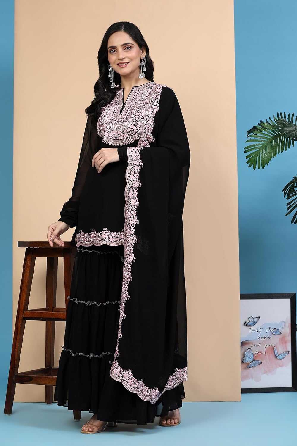 TRENDMALLS Women's Georgette Embroidery Sequence work Kurta Sharara Set with Dupatta Kurta Set for Women