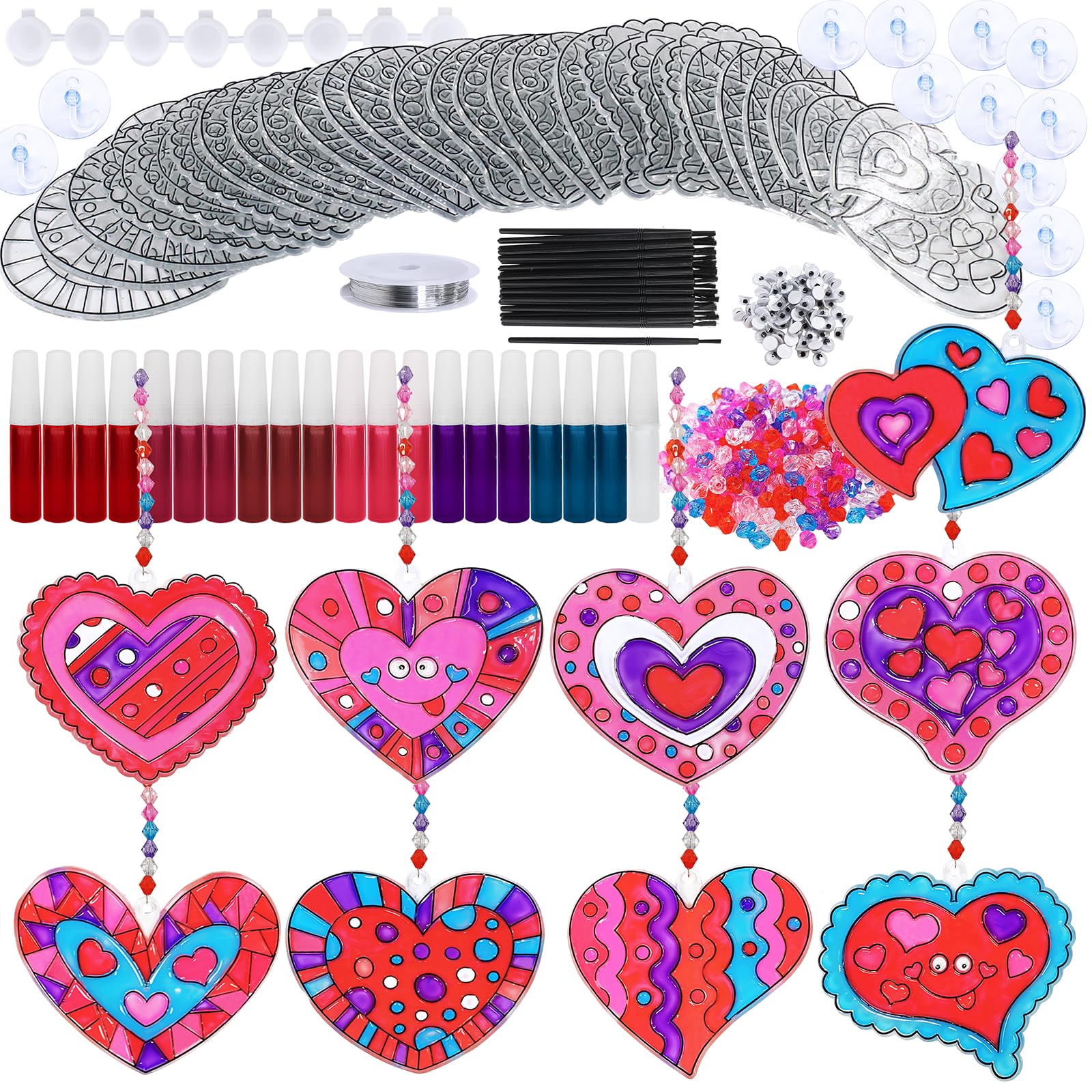 Winlyn 27 Sets Heart Suncatchers Ornaments Decoration DIY Window Paint Art Stickers Craft Kit Heart Sun Catchers for Kids Mother's Day Gift