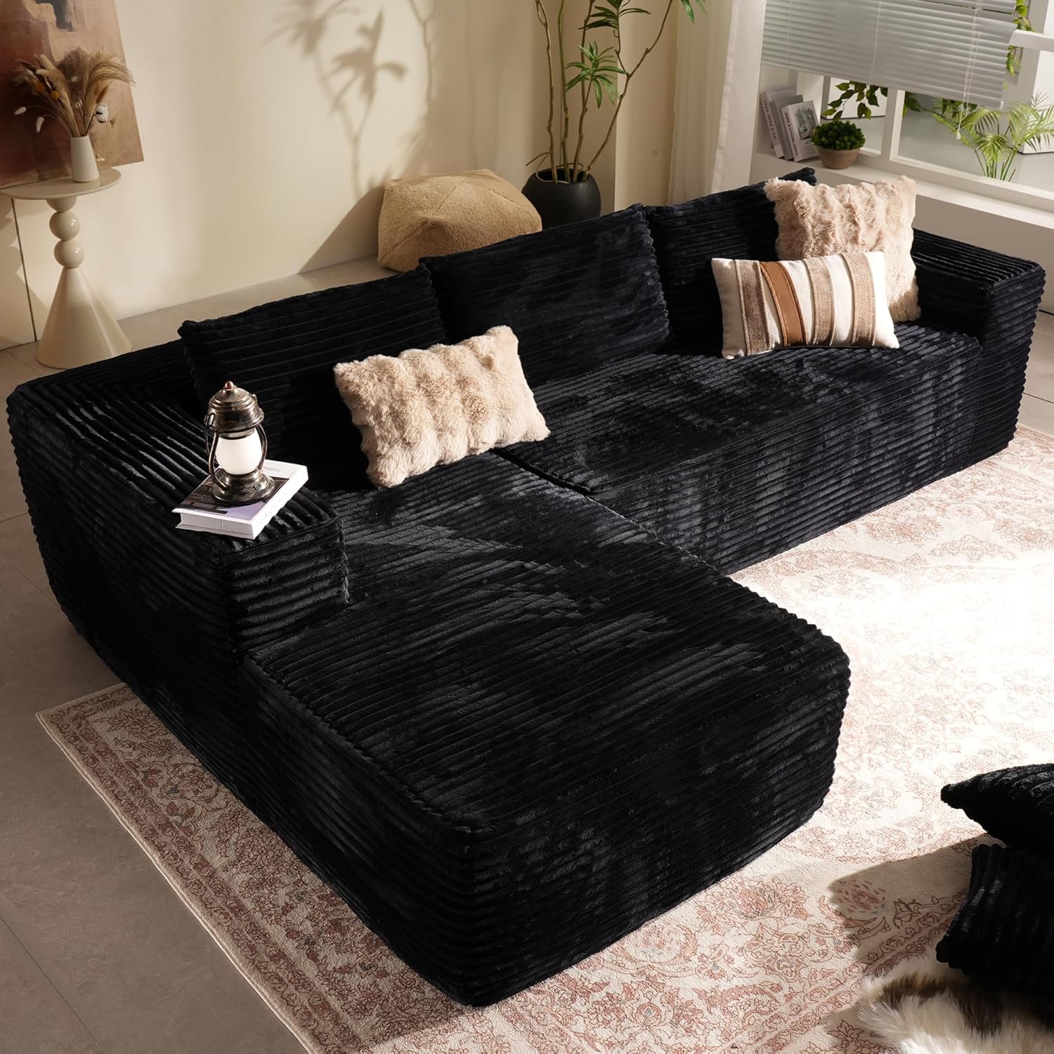 HOOOWOOO Sectional L Shaped Couch,106" Assembly Free Modern Minimalist Sofa,Extra Deep Large Corner Sofa Couch Set in A Box for Living Room(Left Chaise Black Velvet Uphostered)