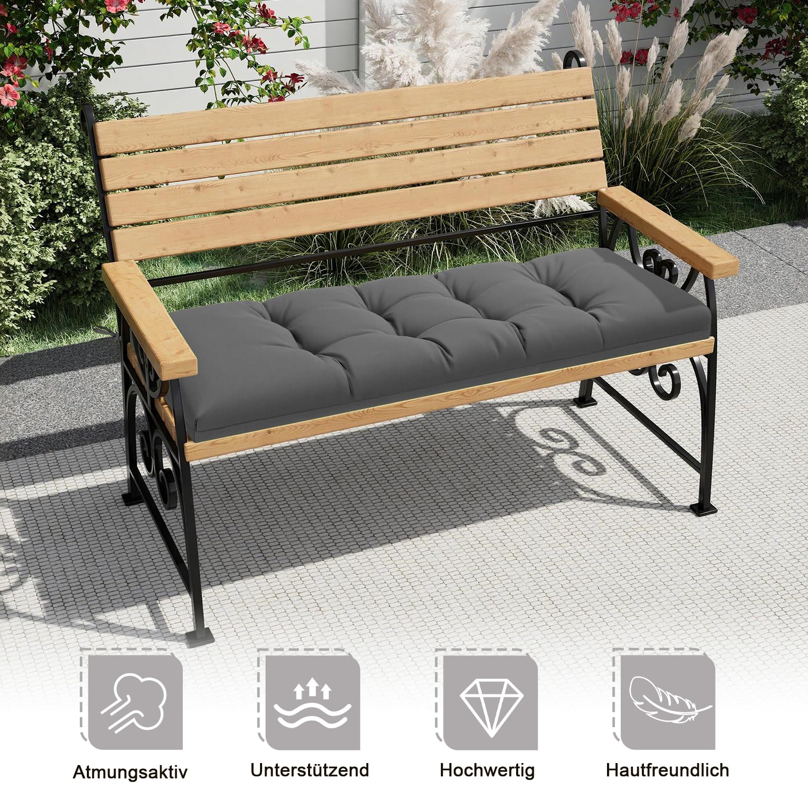 Bankauflage Outdoor, Bankkissen Wasserdicht mit Schaumstoff Gefüllt, Bindebänder und Mehrfach-Steppung, Gartenbank Auflage für Gartenmöbel, Sitzbank und Hollywoodschaukel, 120x40cm, Grau