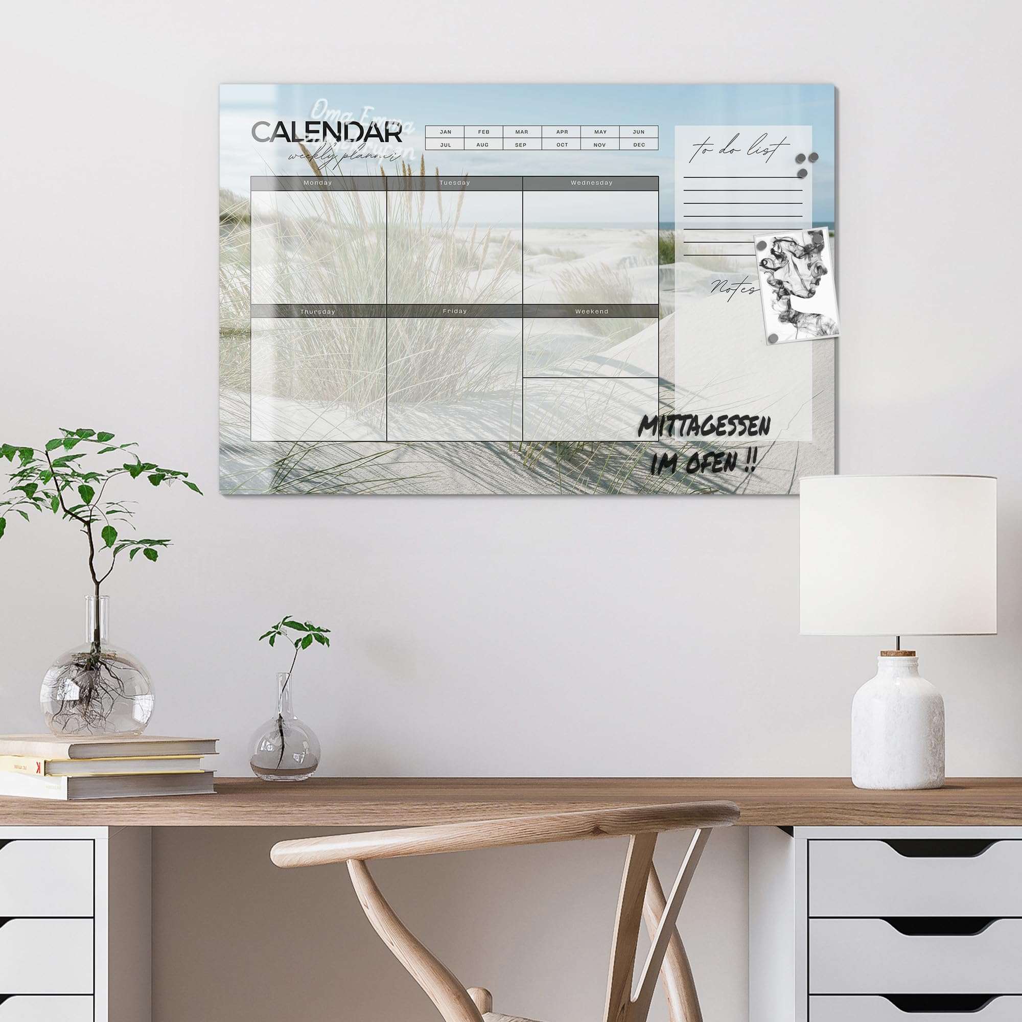 DEQORI Lavagna magnetica in vetro | 90 x 60 cm | motivo "Agenda settimanale sabbia (EN)" | Lavagna magnetica con magneti, penna e panno per cucina e ufficio, lavagna magnetica e scrivibile
