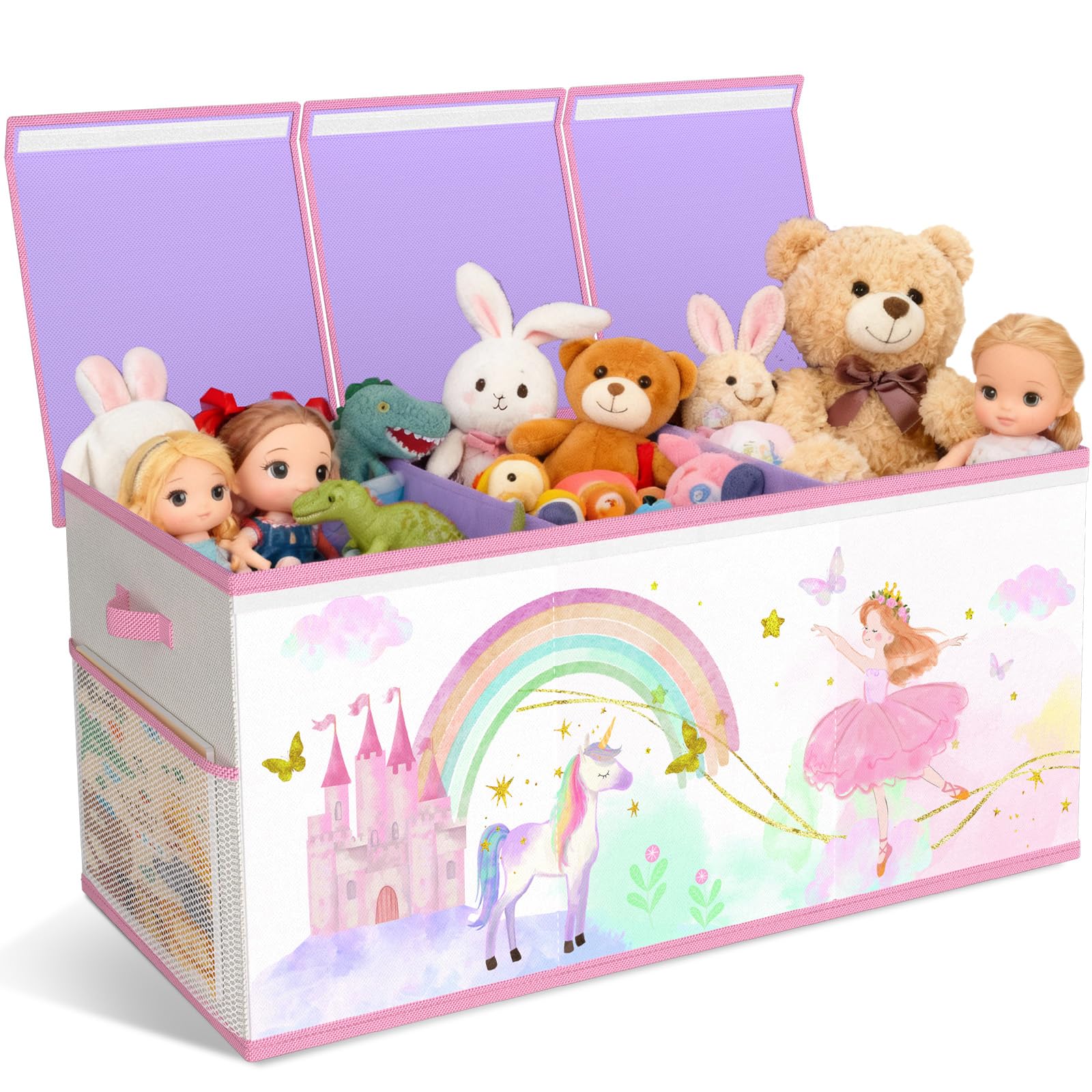 Extra Groß Aufbewahrungsbox Spielzeugkiste mit Deckel Kinder - Faltbar Spielzeug Aufbewahrung mit Griffen Trennwand Aufbewahrungsbox für Kinderzimmer Kleidung Schlafzimmer Klappbare (Beige & Lila)