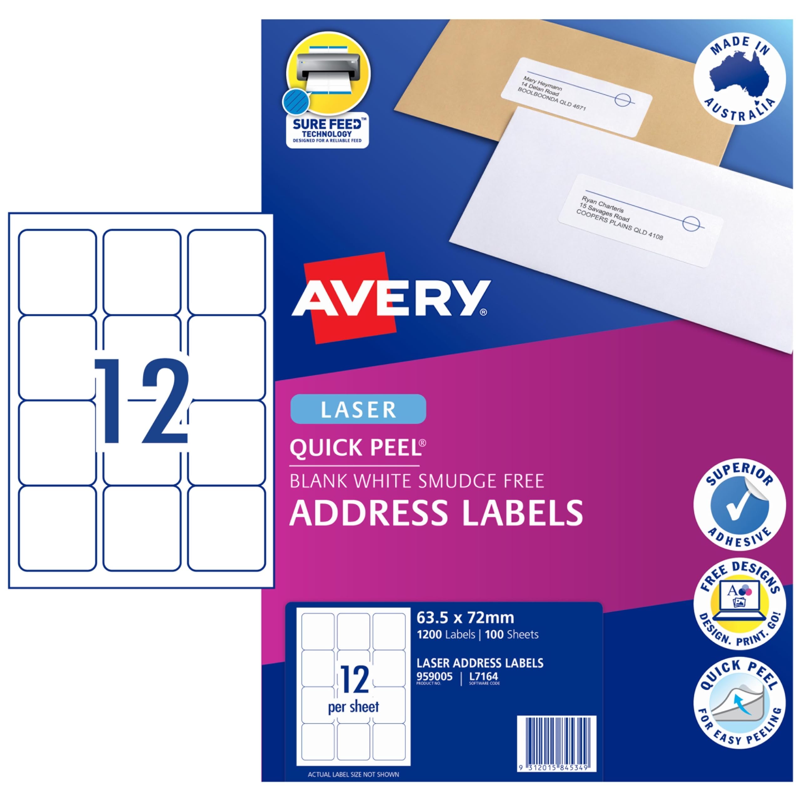 Avery Etichette A4 per stampanti laser, etichette stampabili per imballaggi, spedizioni e indirizzi, colore bianco, 63,5 x 72 mm, 1200 etichette/100 fogli (959005/L7164)