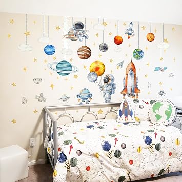 3 Sheets Space Astronaut and Planet Wall Stickers Home Decor
