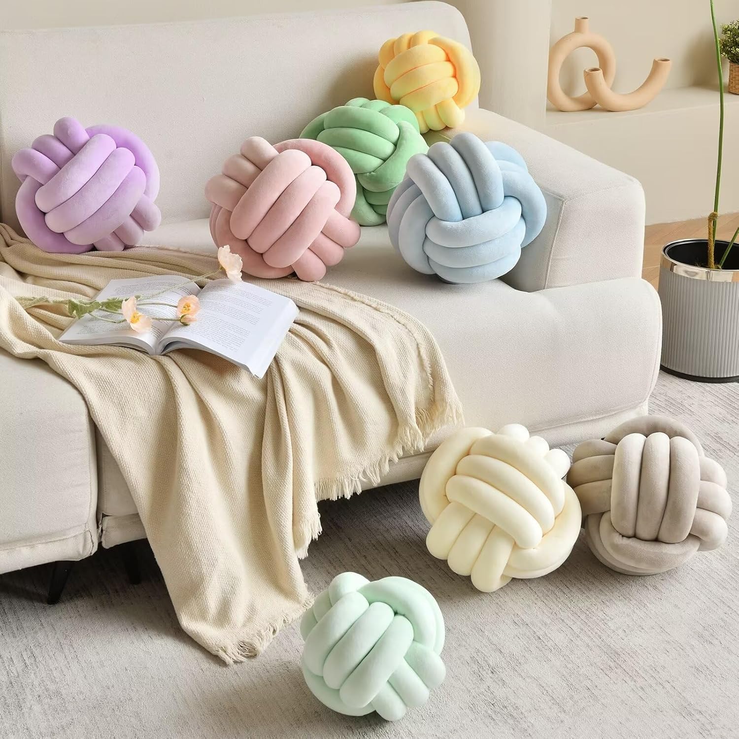 LUSJNGE Decorative Throw Knot Pillow Ball for Home Chair Sofa Couch Bed Aesthetic Round Velvet Knotted Pillow Cushion (Ice Blue, 11 inches)