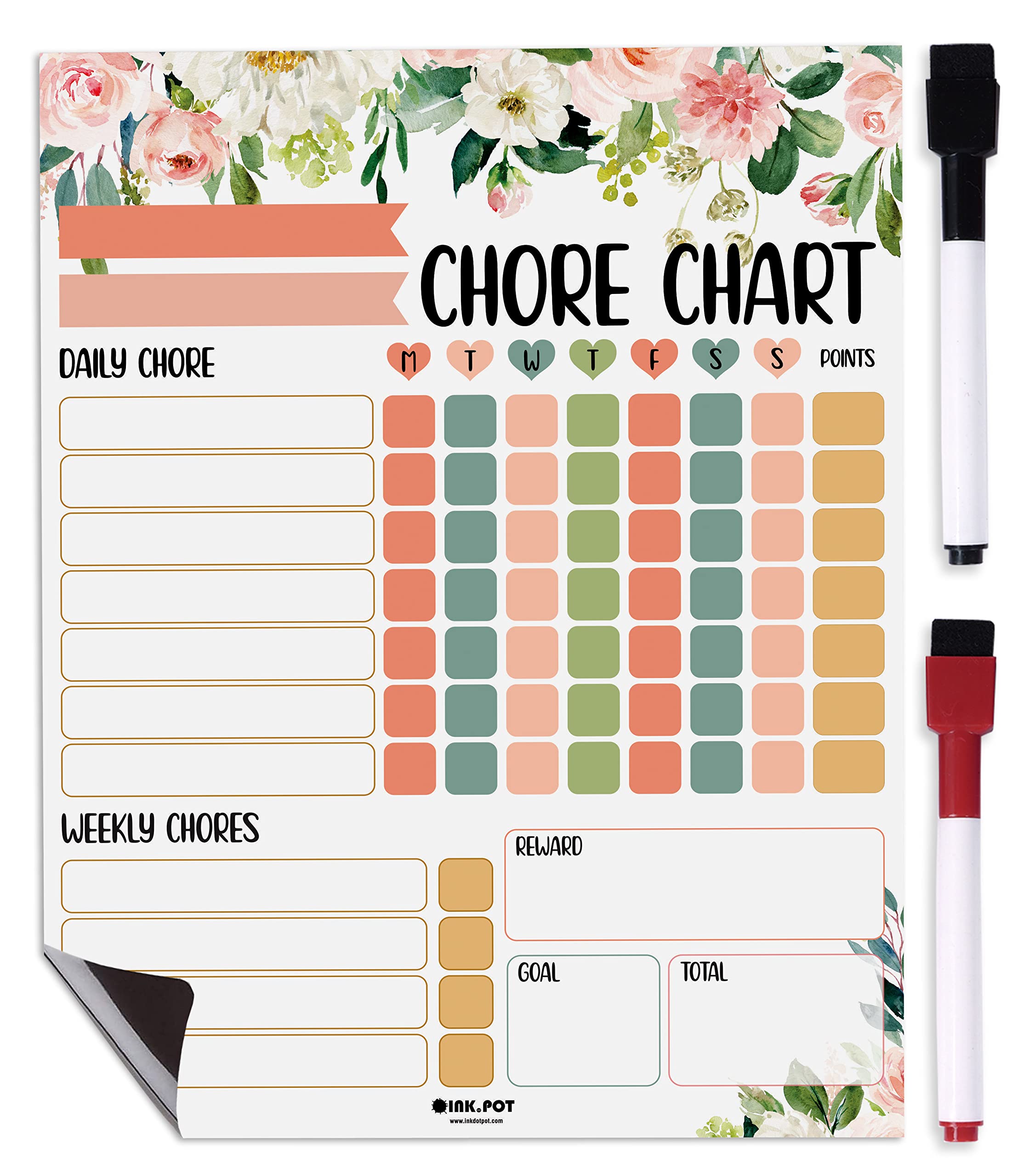 Inkdotpot Magnetic Dry Erase Weekly/Daily Chore Chart Schedule Board for Kids Chores Reward Chart,Good Behavior Chart Blank Magnetic List with 2 Dry Erase Markers (Florals)