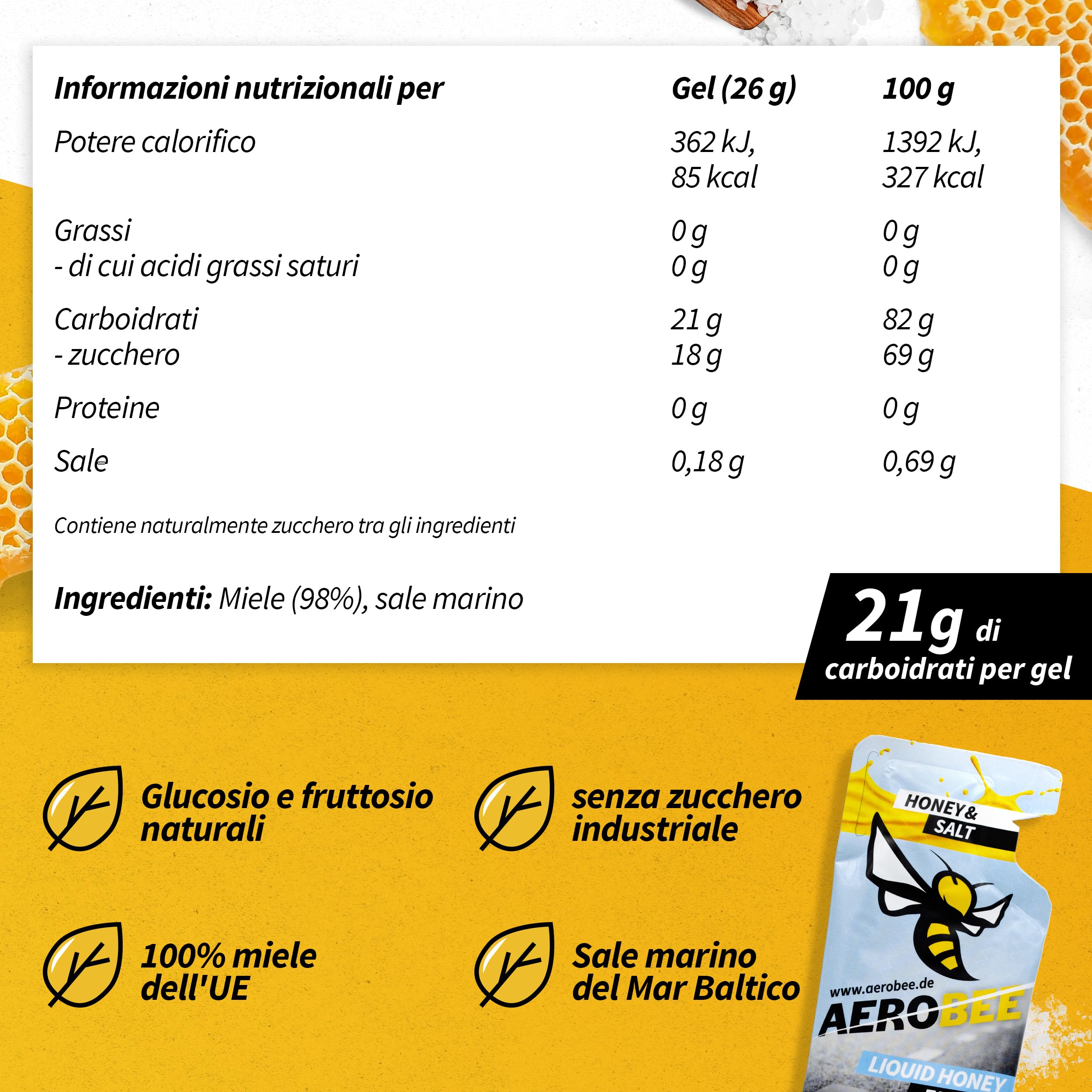 AEROBEE Gel energetico liquido - Miele & Sale 10x26g [100% energetico naturale al miele] delizioso gel sportivo adatto per sport di resistenza e corsa, con carboidrati