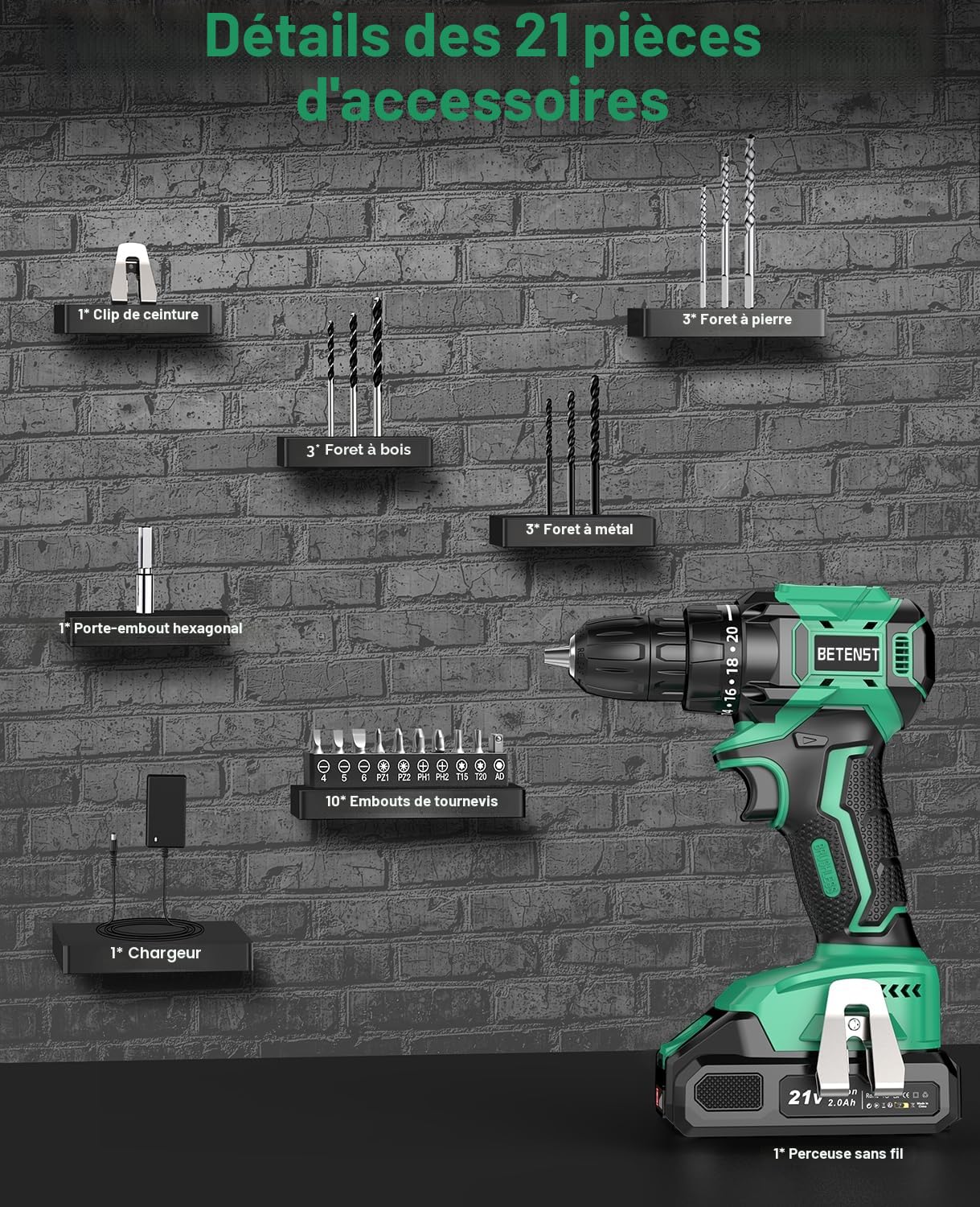 Perceuse Visseuse Sans Fil Brushless, BETENST Visseuse Devisseuse Sans Fil 21V avec Batteries 2.0Ah, 45N.m Max, 20+1 Réglages de Couple, 20 Accessoires, 2 Vitesses pour Bricolage, Vert