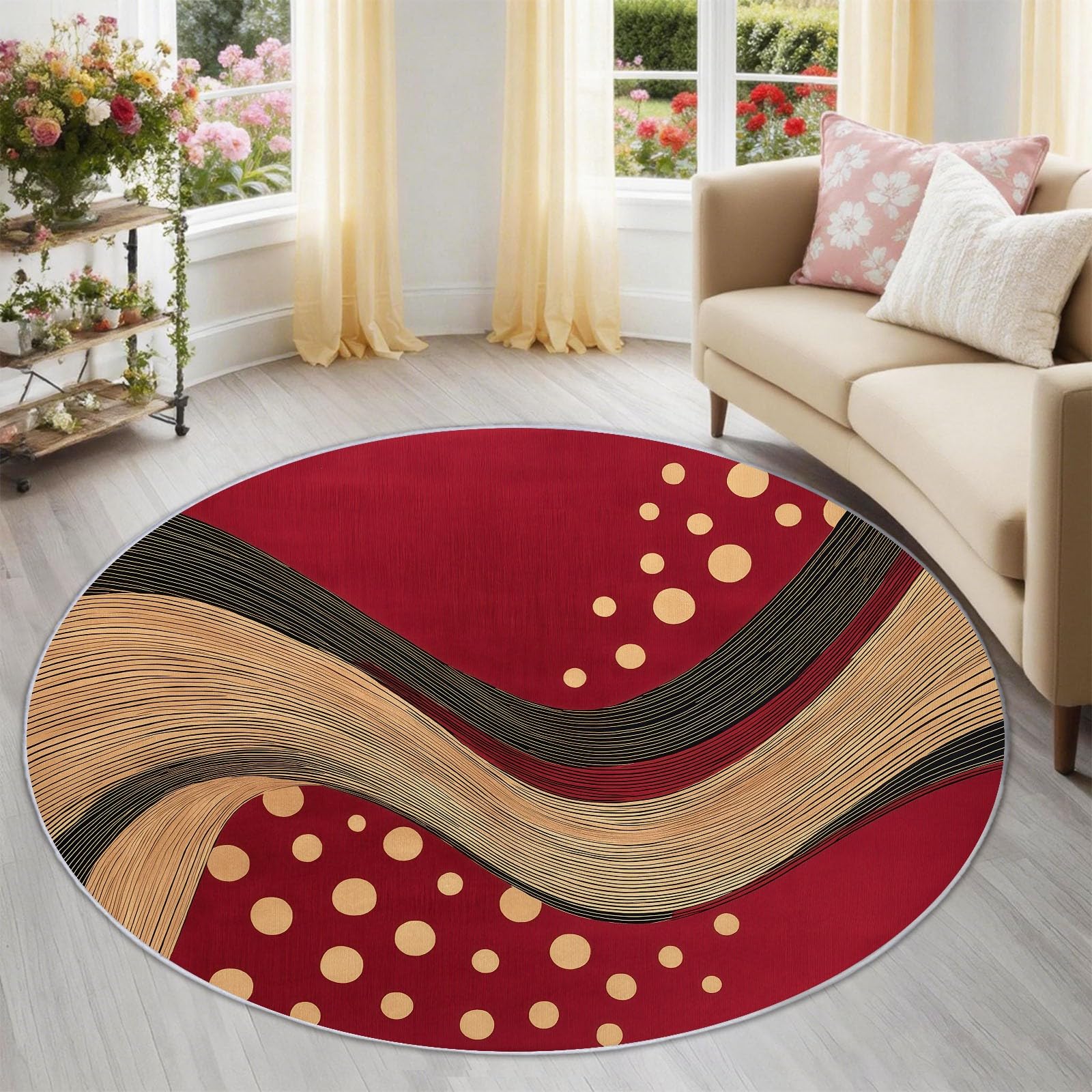Tapis Rond 120 cm, Abstrait Circulaire Rayé Rouge Lavable et Antidérapant, Tapis de Sol Doux pour Chambre, Salon Cheminée et Salle de Jeux, Décoration Intérieure