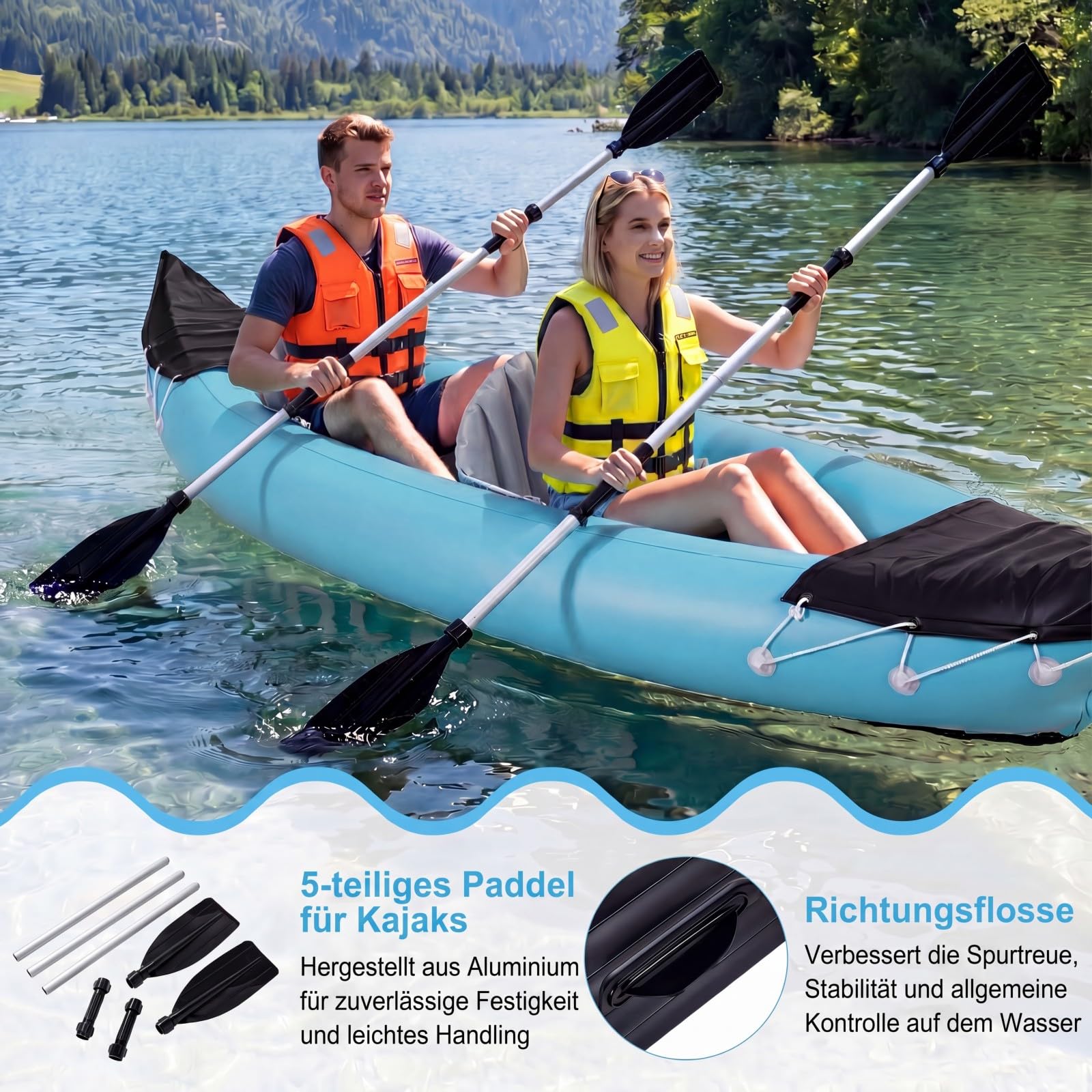COSTWAY Kajak aufblasbar 2 Personen, aufblasbares Kanu mit Aluminiumpaddel, Pumpe & 2 komfortable Sitze, Schlauchboot, 160 kg Gewichtskapazität