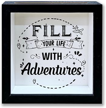 Adventure Fund Shadow Box Frame, Honeymoon Fund Box with Slot, Fill Your Life with Adventures Theme Travel Memory Box, Adventure Archive Box Wedding Gifts, Decorative Wooden Money Savings -04