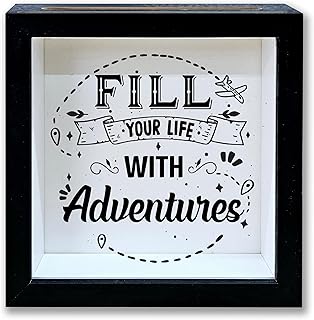 Adventure Fund Shadow Box Frame, Honeymoon Fund Box with Slot, Fill Your Life with Adventures Theme Travel Memory Box, Adventure Archive Box Wedding Gifts, Decorative Wooden Money Savings -04
