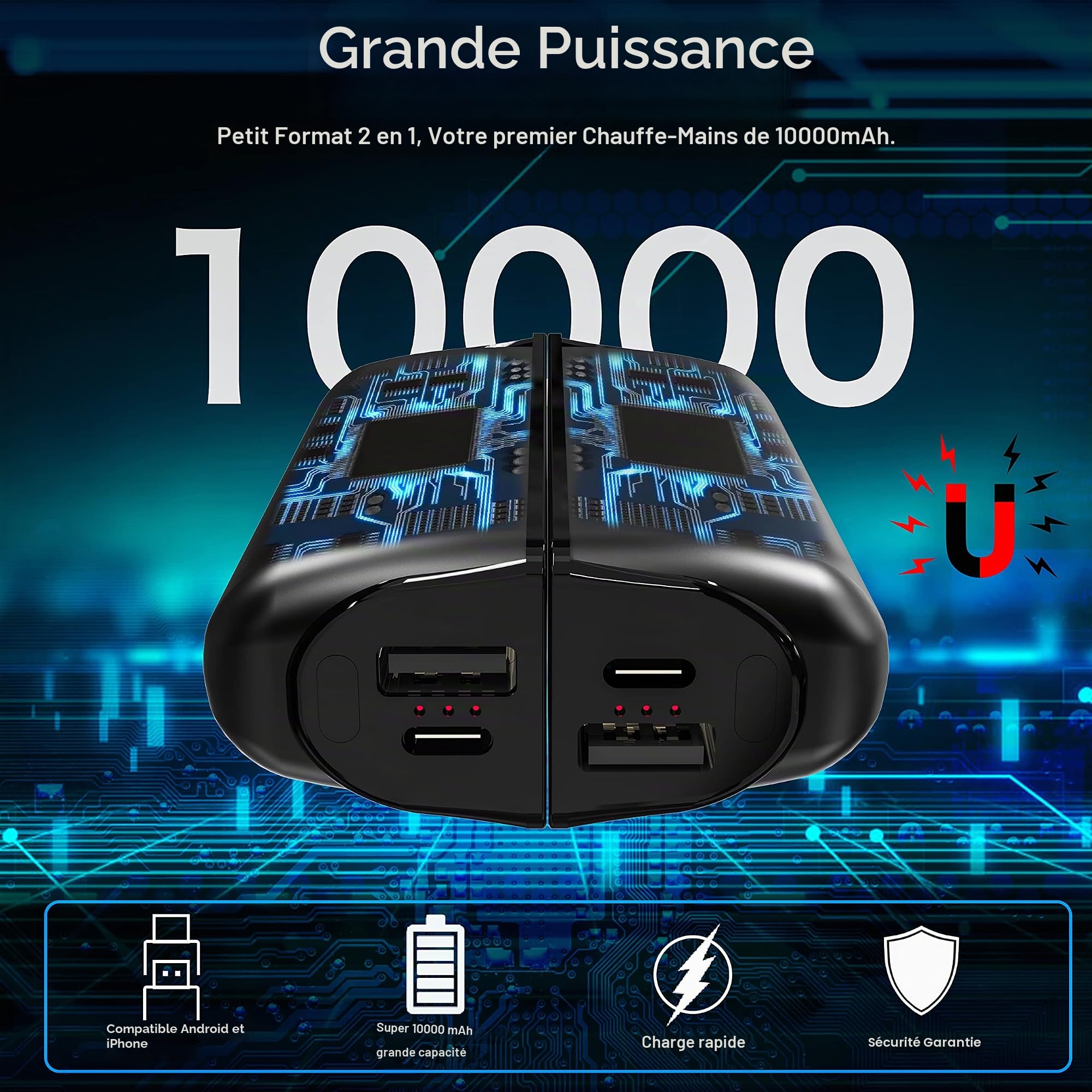 Lot de 2 Chauffe-Mains Rechargeables, 10 000 mAh, magnétiques séparés, réutilisables, Chargeur Portable, 3 Niveaux, pour l'extérieur en Hiver (Vert)