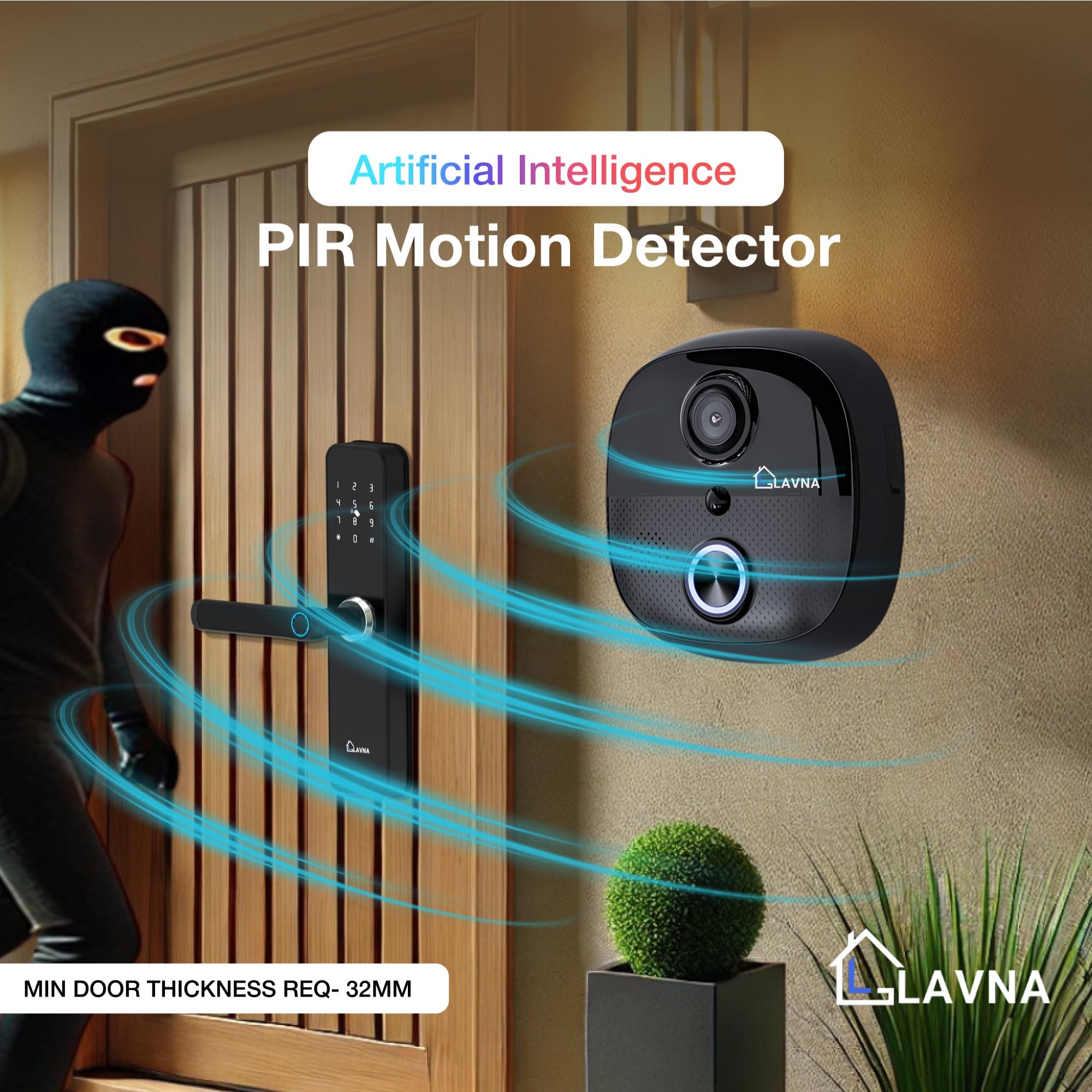 LAVNA Secure X Smart Door Lock + Doorbell Combo with 8 Way Access (Fingerprint, WiFi..) || HD Video Call with 2-Way Talk, Lock N Bell Integration, Live View/Recording, PIR Sensor, IP65, Chime 2