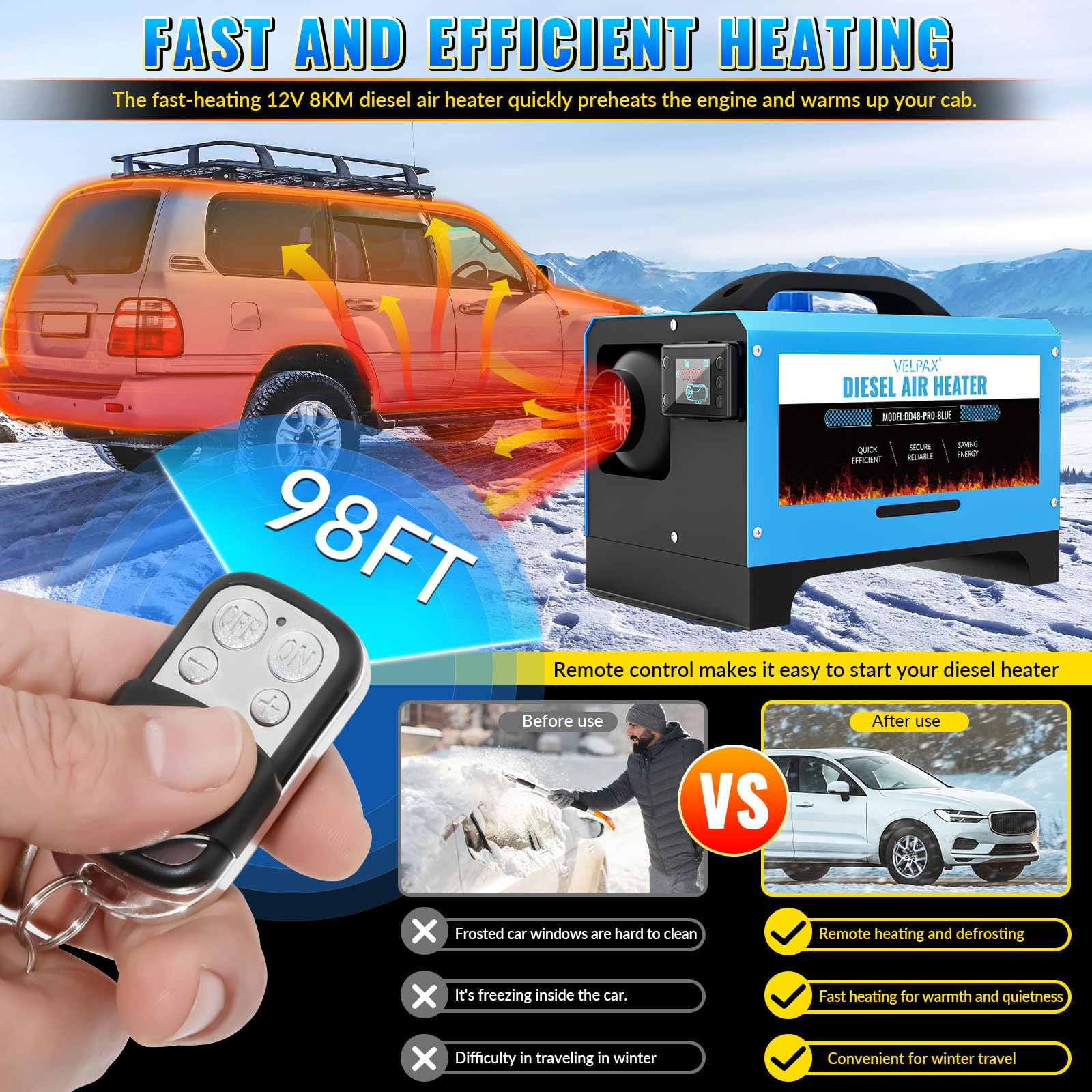 VELPAX Riscaldatore d'Aria Diesel all-in-One 8KW 12V riscaldatore d'Aria Diesel con silenziatore, LCD e Telecomando per Camper,Macchine,Camion,Barche,Autobus