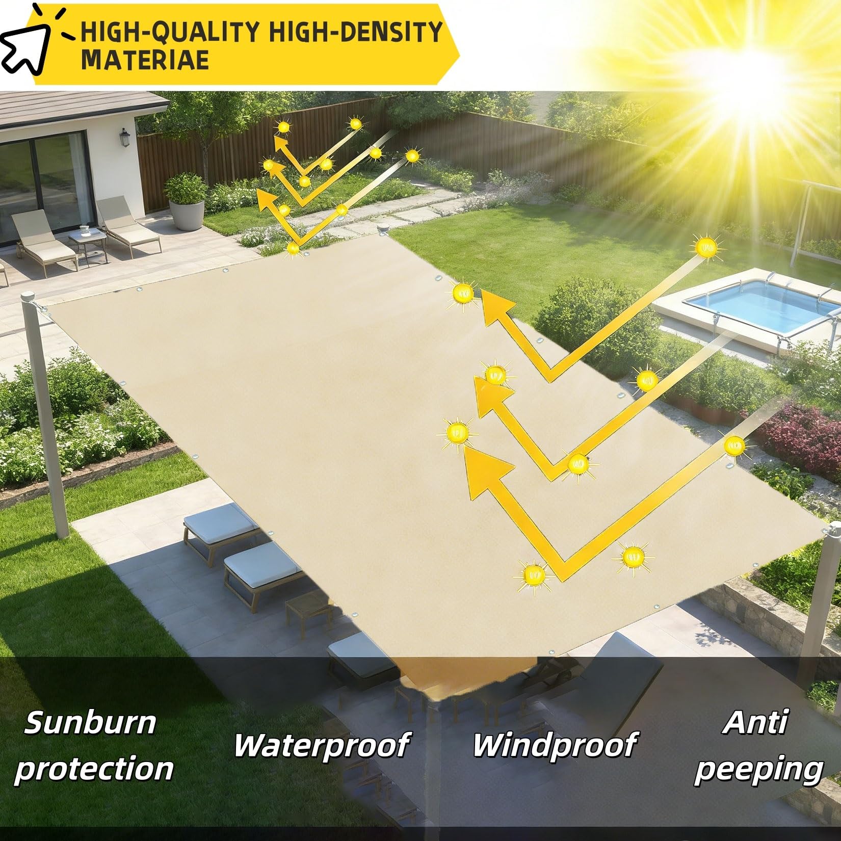 Markiza Przeciwsłoneczna 230 x 280 cm Prostokątne, 98% Filtr Uv, Wodoodporne Żagiel Przeciwsłoneczny Do Ogrodu Poliester, Wytrzymały Na Patio, Na Imprezę, Na Trawnik, Piaskowy żółty