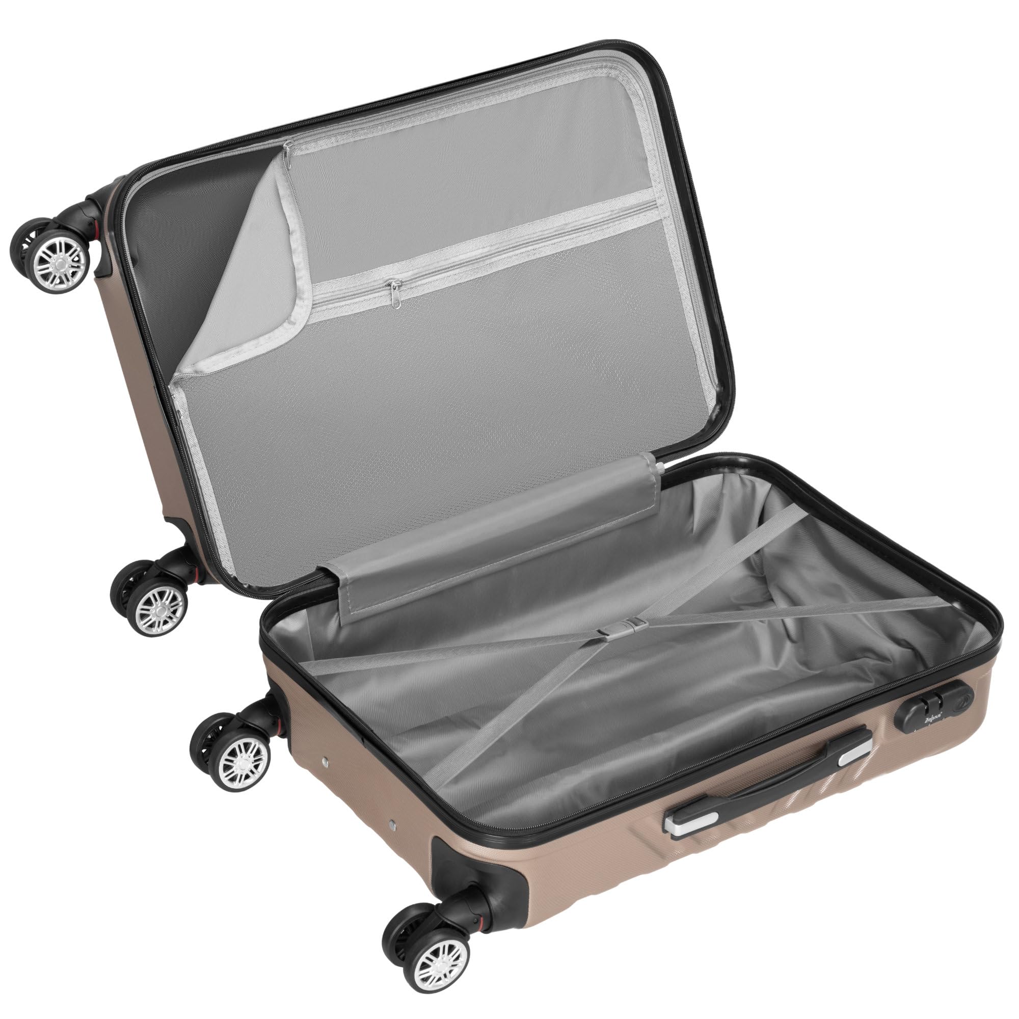 Zelsius Koffer Set 3 Stück, Champagner | ABS Hartschalenkoffer mit Zahlenschloss, Doppelrollen und Innen Trennwand | Handgepäckkoffer, Hartschalenkoffer Set 3 teilig, Trolley, Koffer Groß, Luggage Set